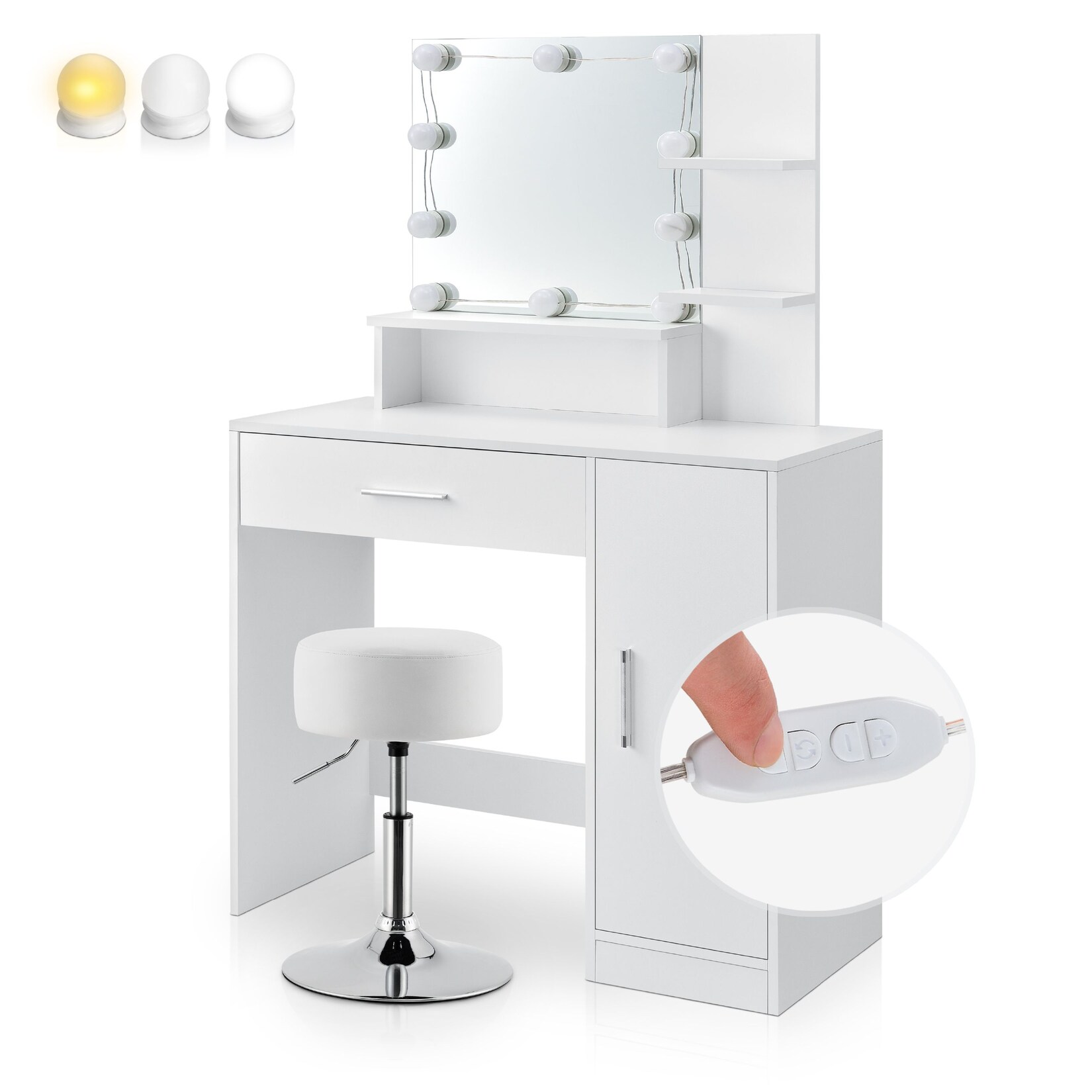 Juskys Schminktisch Zoey mit LED & rundem Drehhocker Tonia – Spiegel, Schublade & Schrank – Weiß | 04262437184029