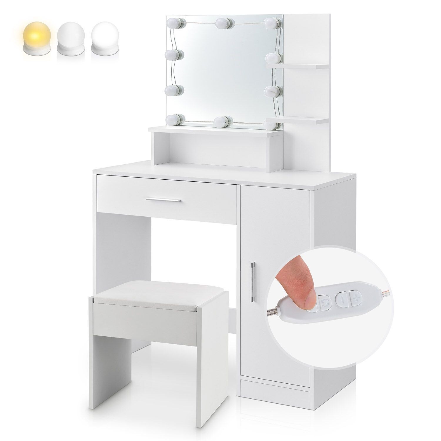 Juskys Schminktisch Zoey mit LED & bequemen Hocker Melly – Spiegel, Schrank & Schublade – Weiß | 04262437184036