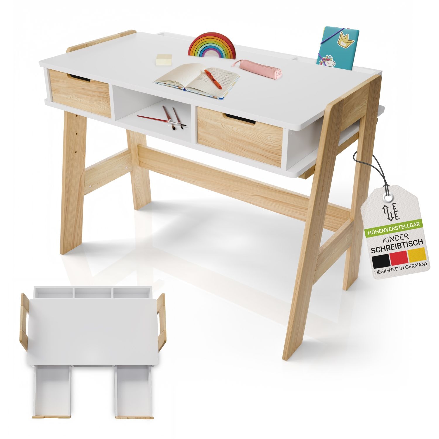 Juskys Kinder Schreibtisch Fietje - h&ouml;henverstellbar, 2 Schubladen, viel Stauraum, kratzfest - Bild 1