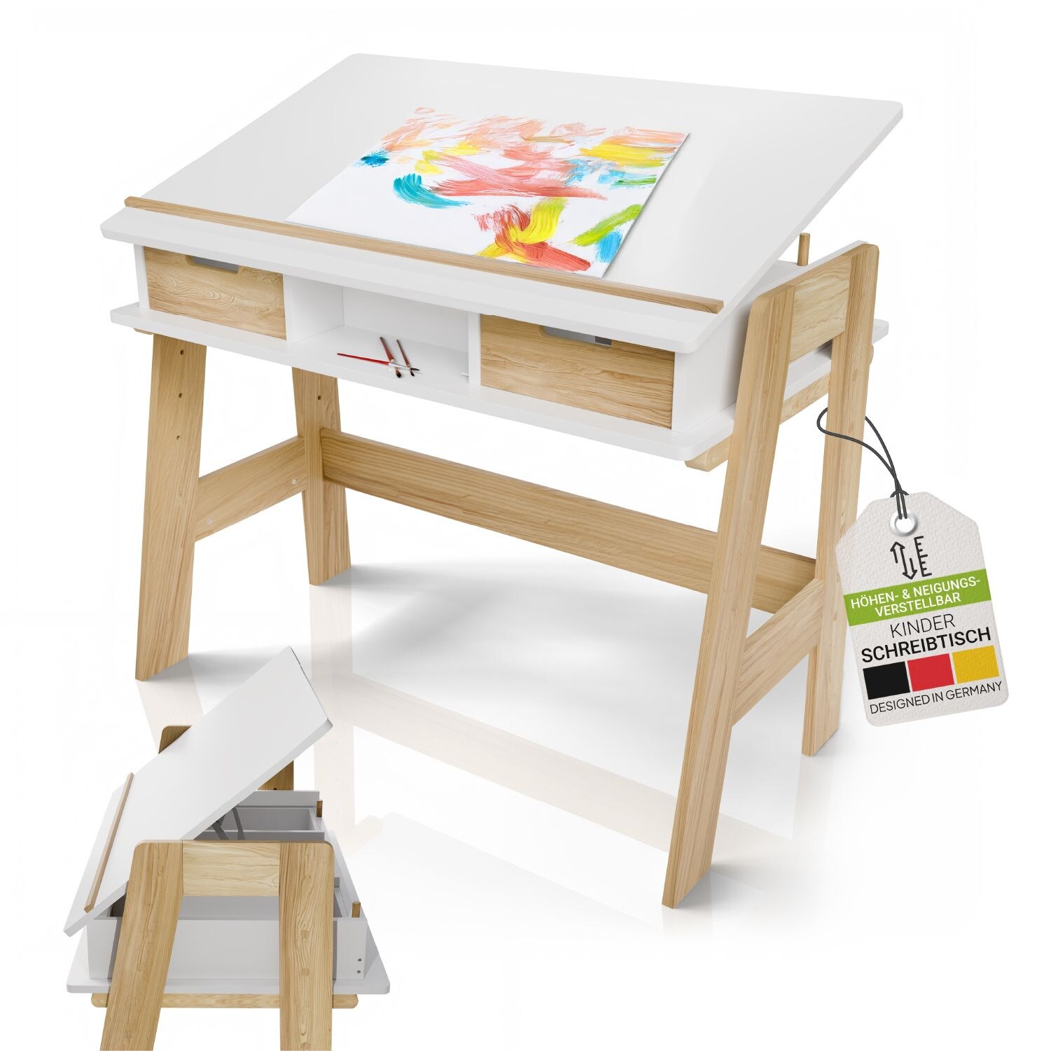 Juskys Kinder Schreibtisch Fietje Plus – neigungs- & höhenverstellbar, 2 Schubladen, viel Stauraum | 04262437184166