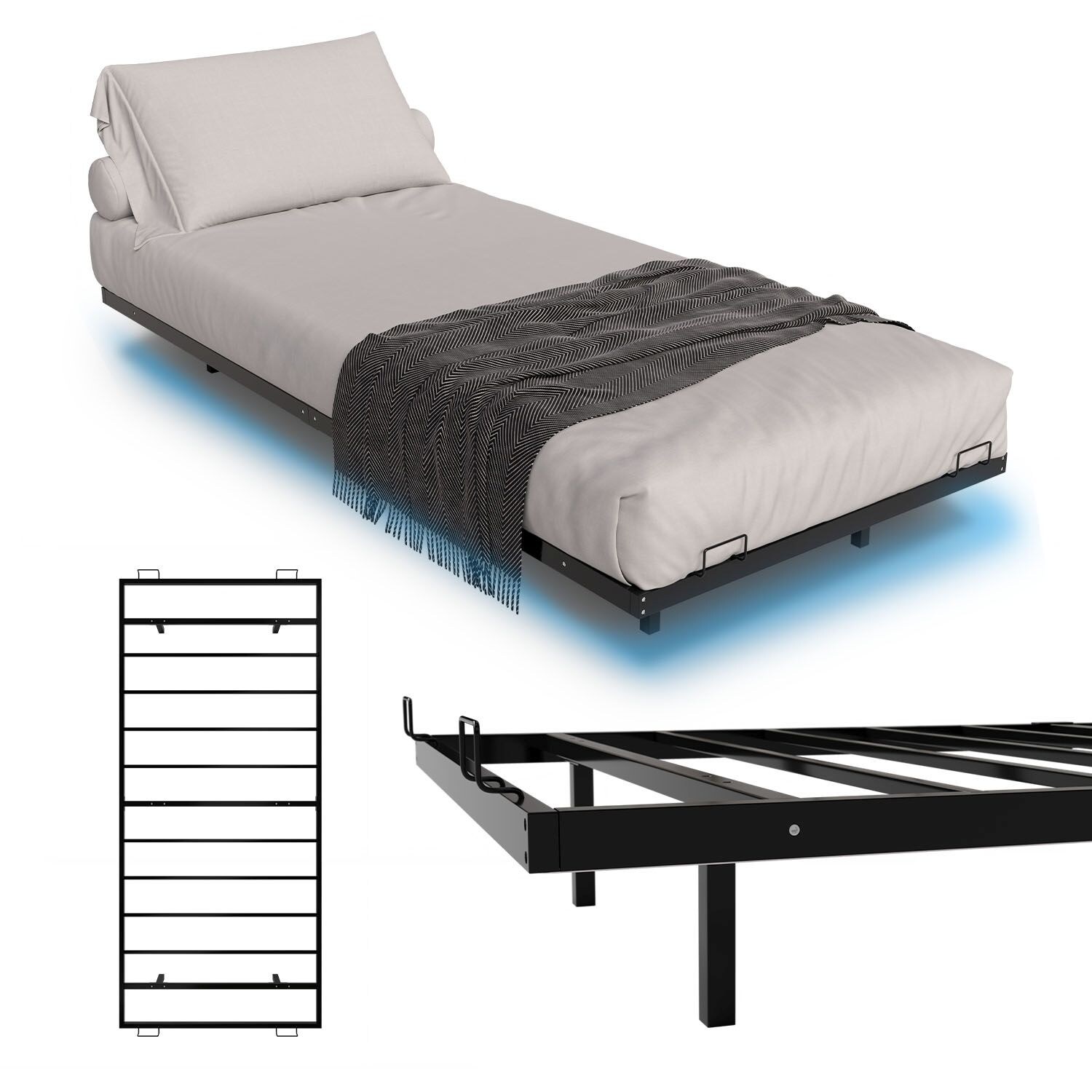 Juskys Metallbett Palamos 90×200 cm mit Lattenrost & LED Beleuchtung – Schwebebett, Bett – Schwarz | 04262437184173