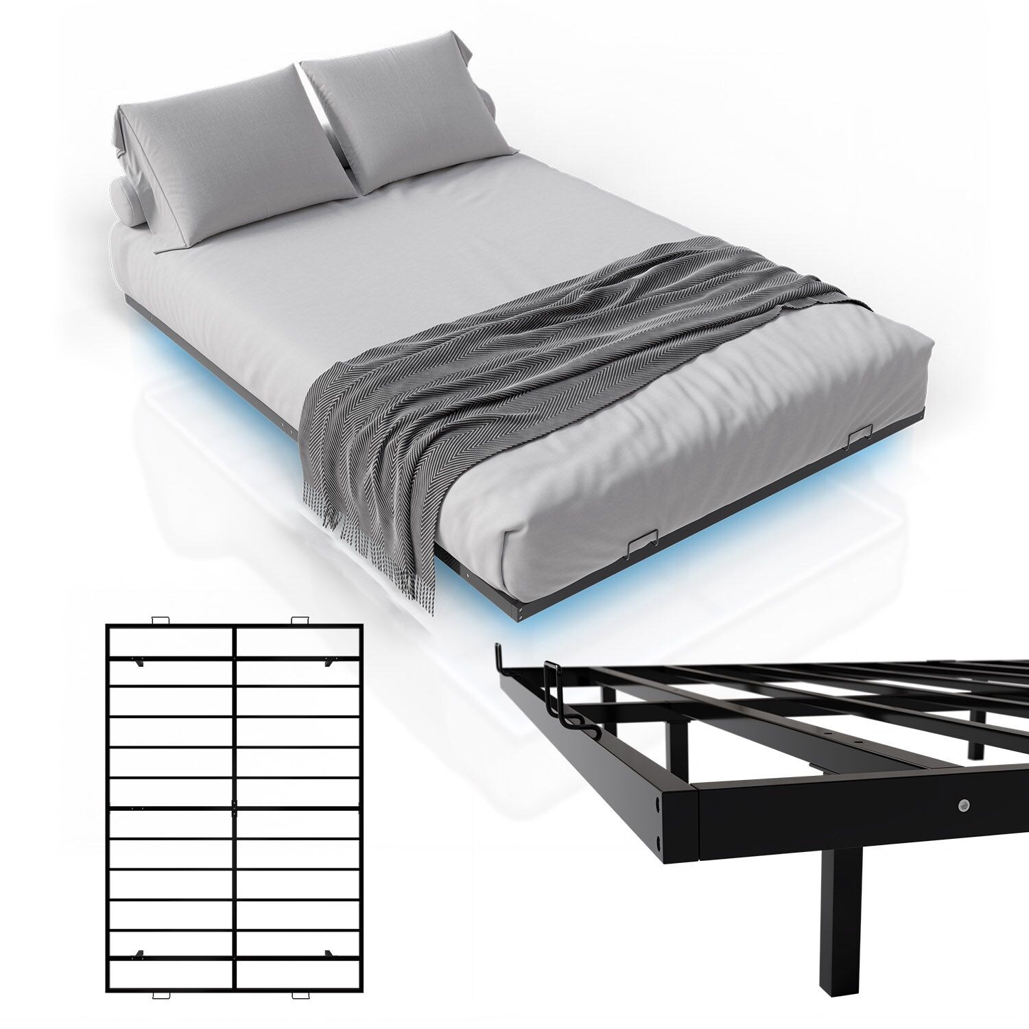 Juskys Metallbett Palamos 140×200 cm mit Lattenrost & LED Beleuchtung – Schwebebett, Bett – Schwarz | 04262437184180