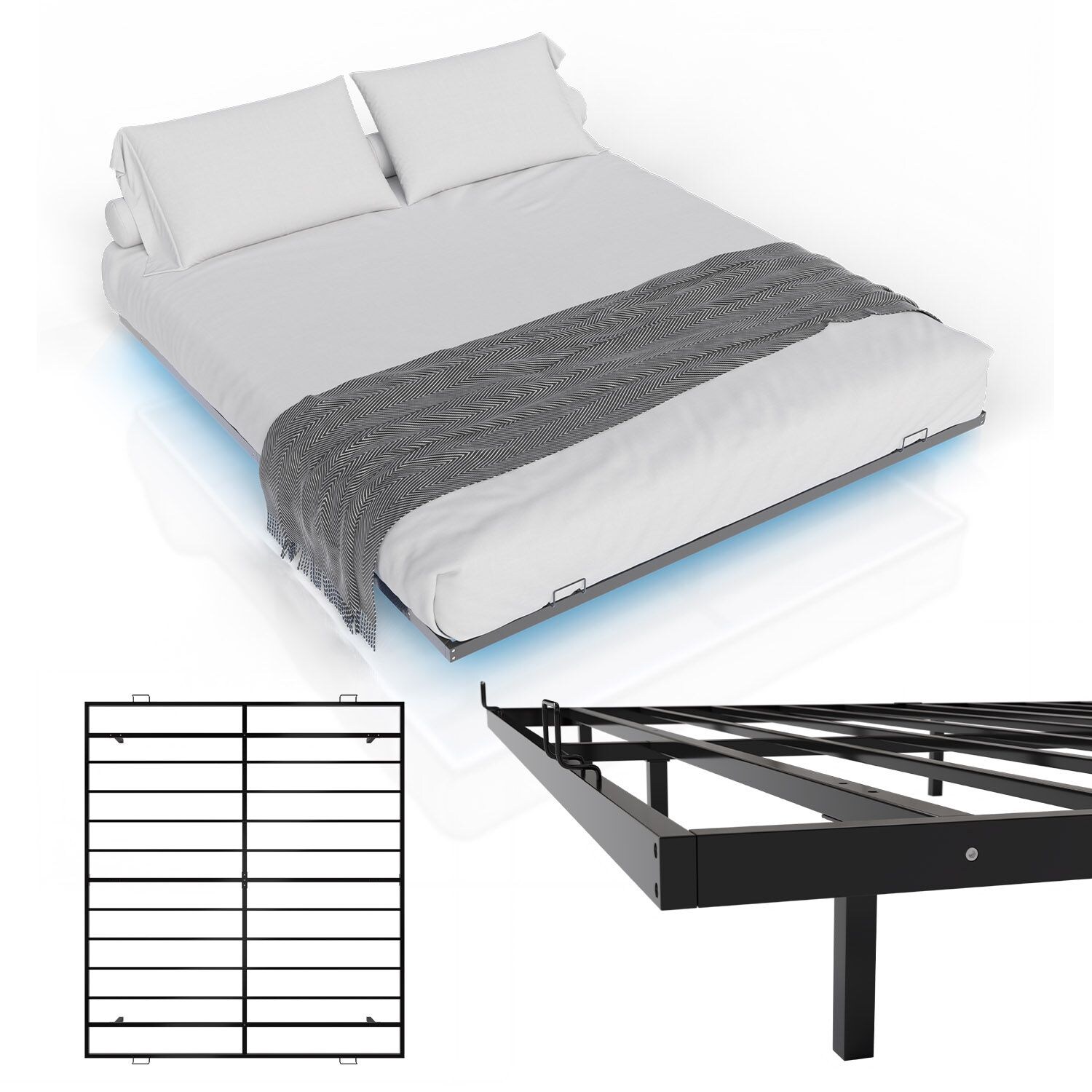 Juskys Metallbett Palamos 180×200 cm mit Lattenrost & LED Beleuchtung – Schwebebett, Bett – Schwarz | 04262437184197