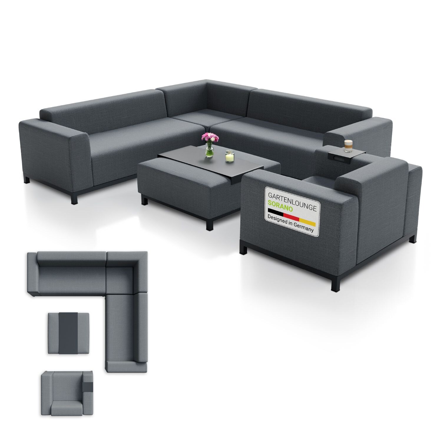 Juskys Premium Gartenmöbel Lounge Sorano – Designer Set mit Sofa, Sessel & Hocker – Stoff Anthrazit | 04262437184500