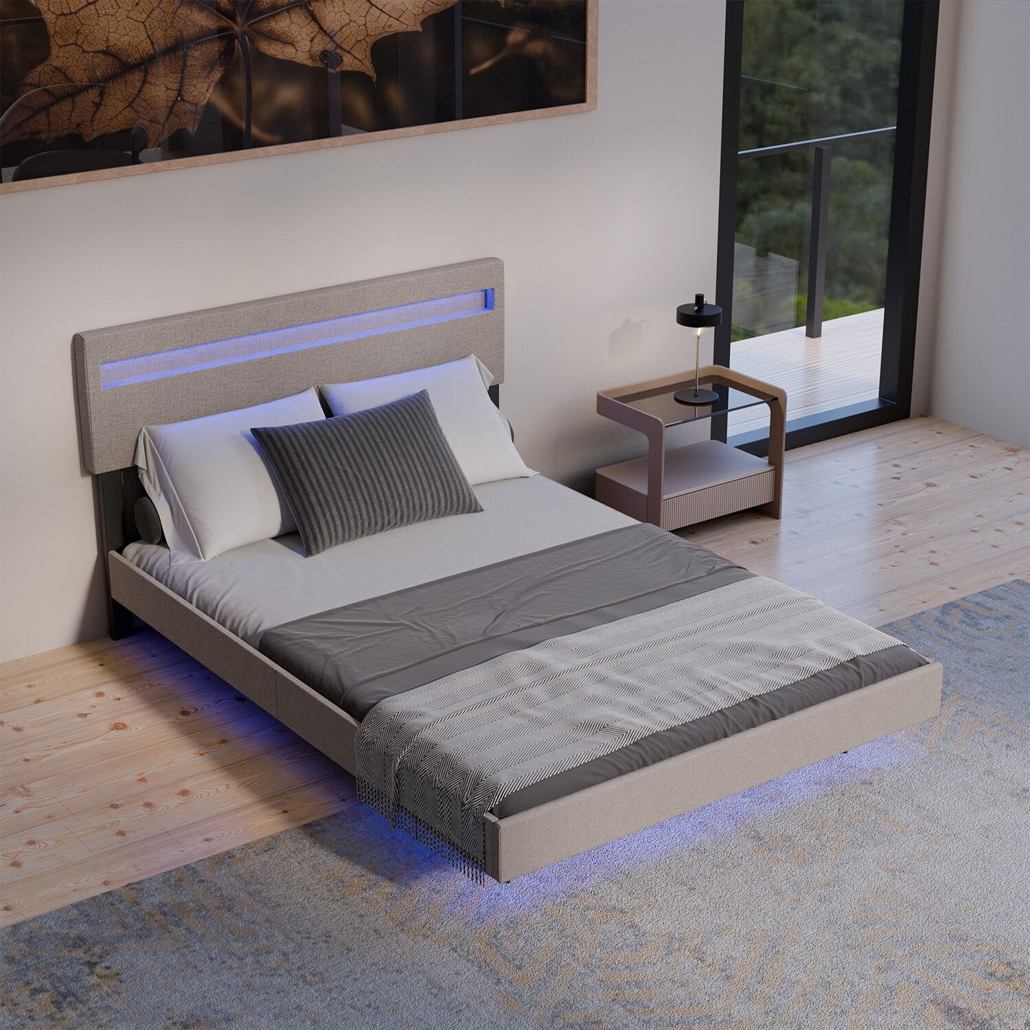 Juskys Schwebebett Lissabon 140 x 200 cm - Schwebendes Design, Integrierte LED-Beleuchtung - beige