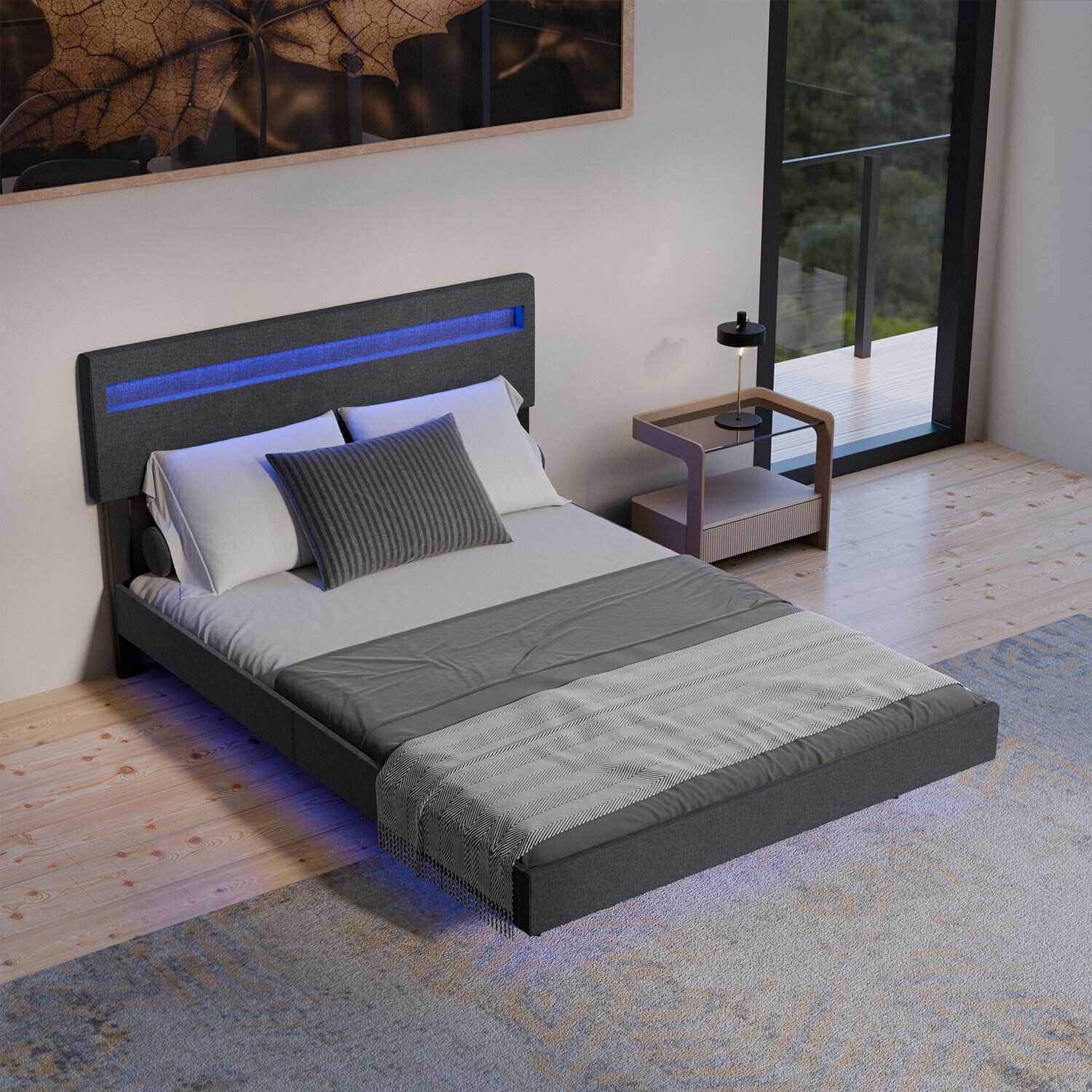 Juskys Schwebebett Lissabon 140 x 200 cm - Schwebendes Design, Integrierte LED-Beleuchtung - dunkelgrau