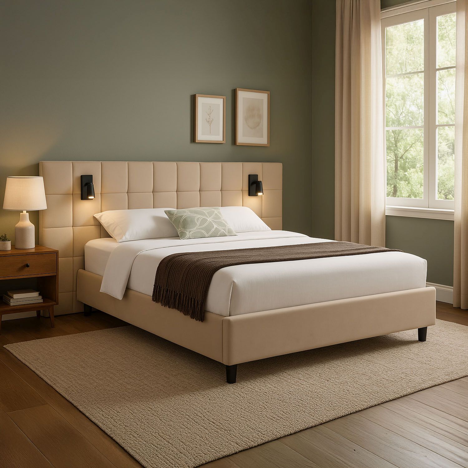 Juskys Polsterbett 140x200 cm Luzano - Bett mit LED, Lattenrost & Kopfteil - Bettgestell Samt - Beige - Bild 1