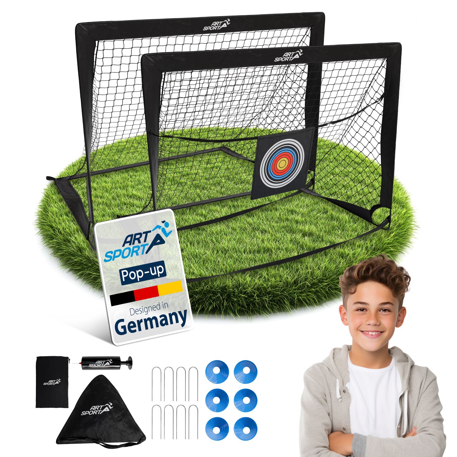 ArtSport Pop-up Fu&szlig;balltor Goal Master - 2er Set mit Zubeh&ouml;r, 2 Fu&szlig;balltore Indoor, Garten - Schwarz - Bild 1