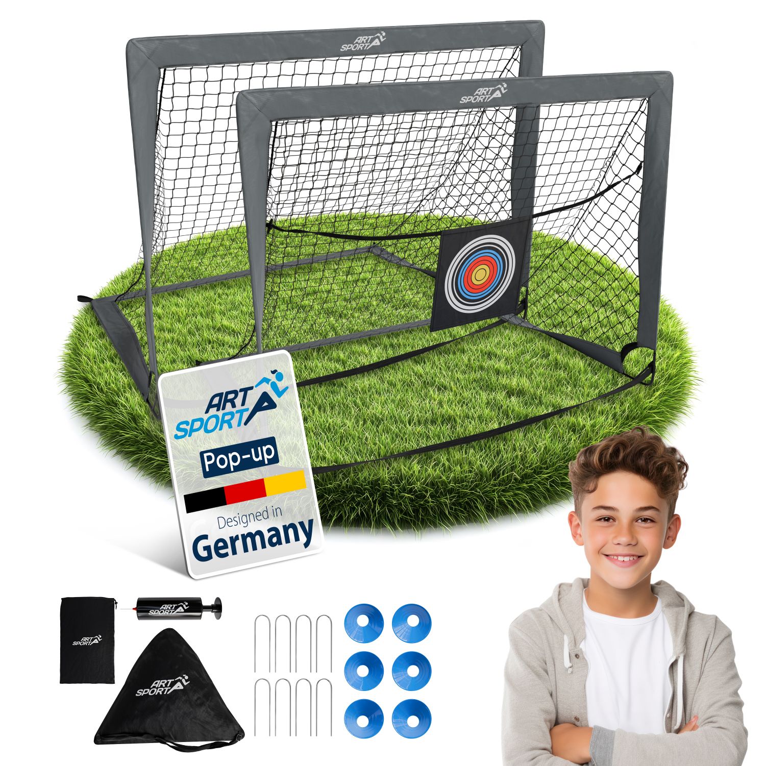ArtSport Pop-up Fu&szlig;balltor Goal Master - 2er Set mit Zubeh&ouml;r, 2 Fu&szlig;balltore Indoor, Garten - Grau - Bild 1