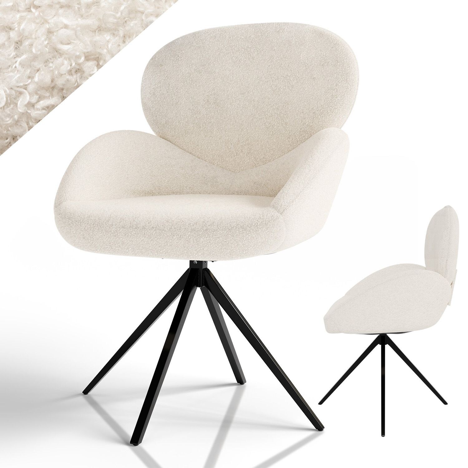 Juskys Drehstuhl Albano – Bouclé Stoff, 360 Grad drehbar, verstellbare Füße, gepolstert – Creme