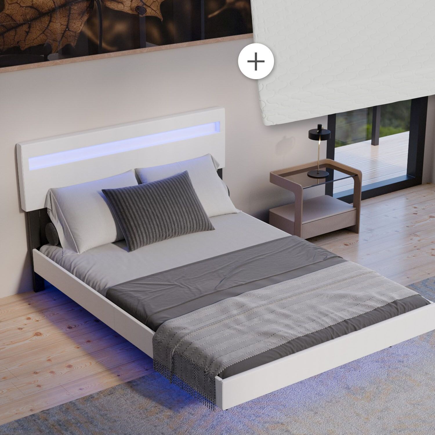 Juskys Schwebebett Lissabon 140 x 200 cm – mit Matratze, Schwebendes Design & LED-Beleuchtung – weiß | 04262437184739