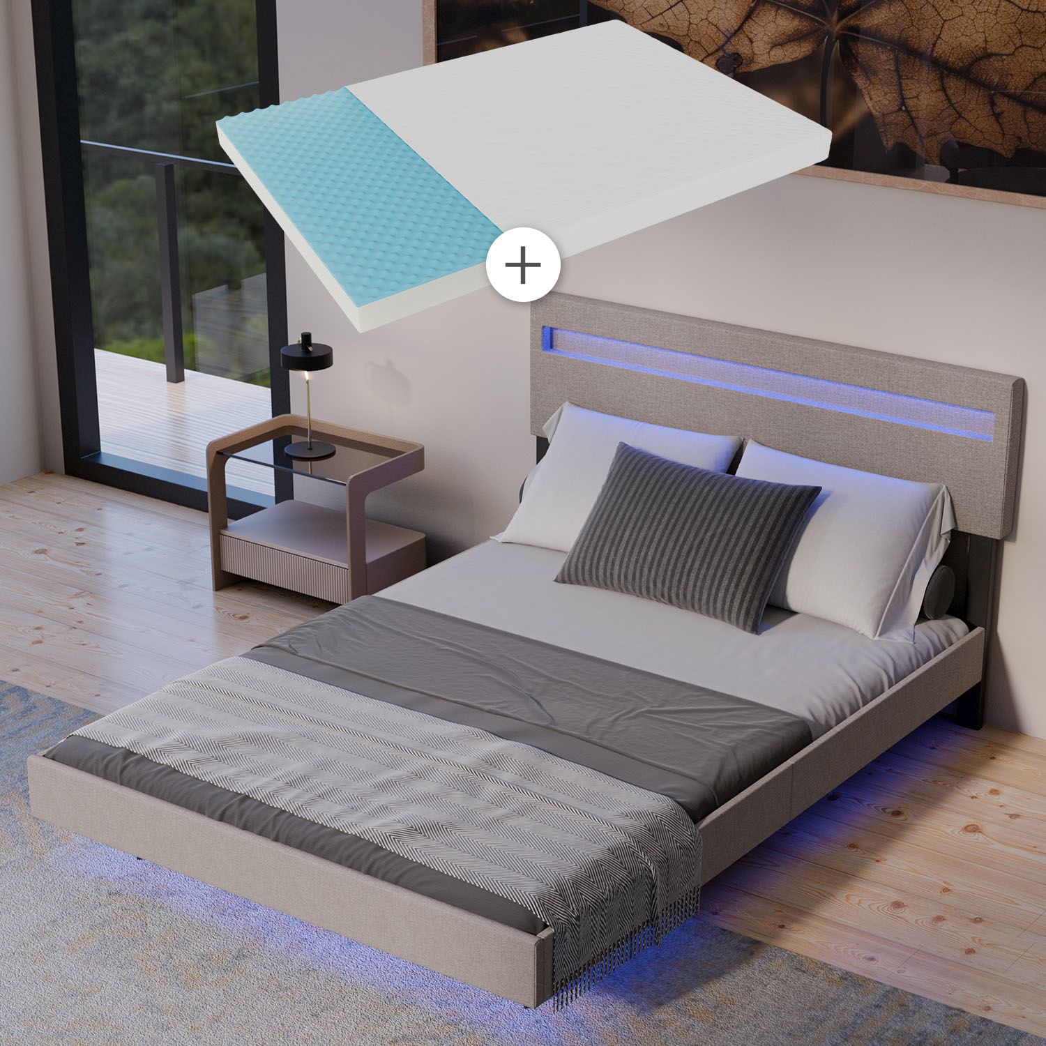 Juskys Schwebebett Lissabon 140 x 200 cm - mit Matratze, Schwebendes Design & LED-Beleuchtung - beige - Bild 1