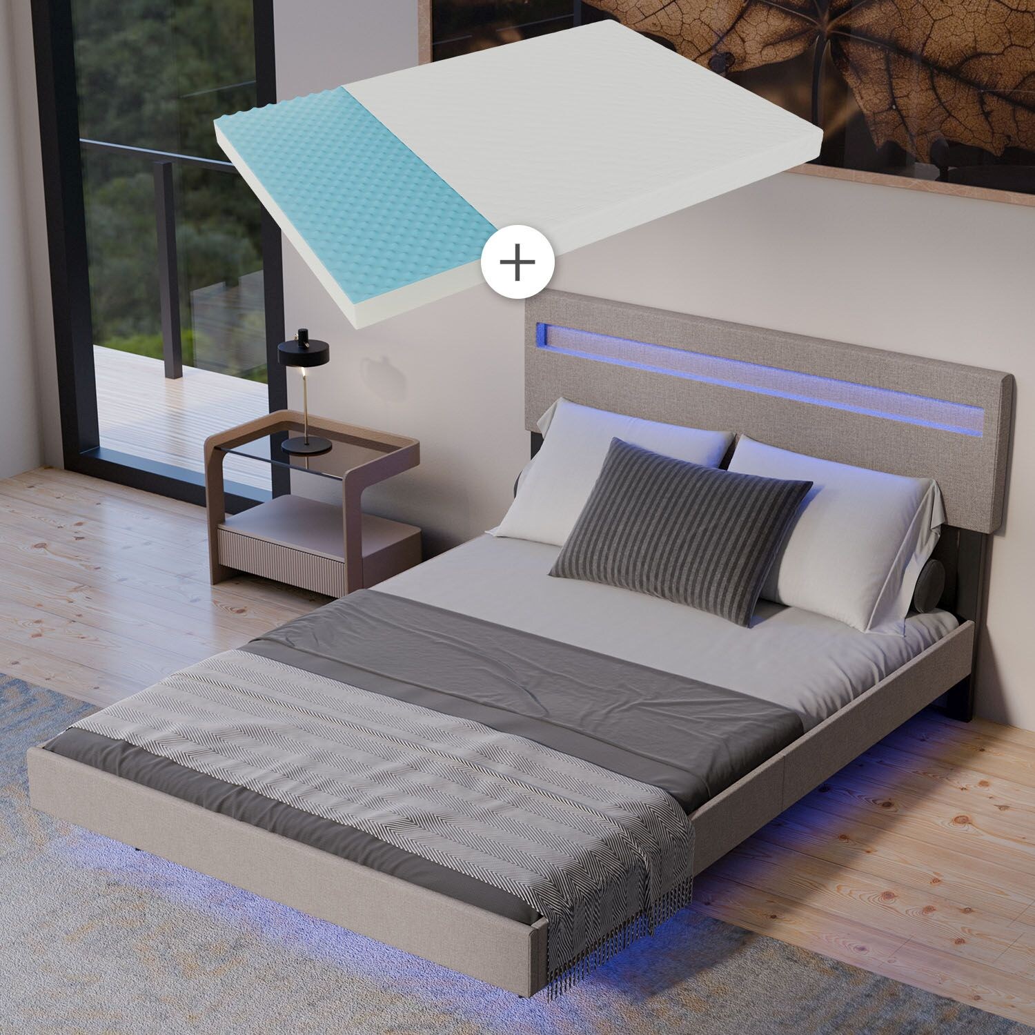 Juskys Schwebebett Lissabon 140 x 200 cm - mit Matratze, Schwebendes Design & LED-Beleuchtung - beige