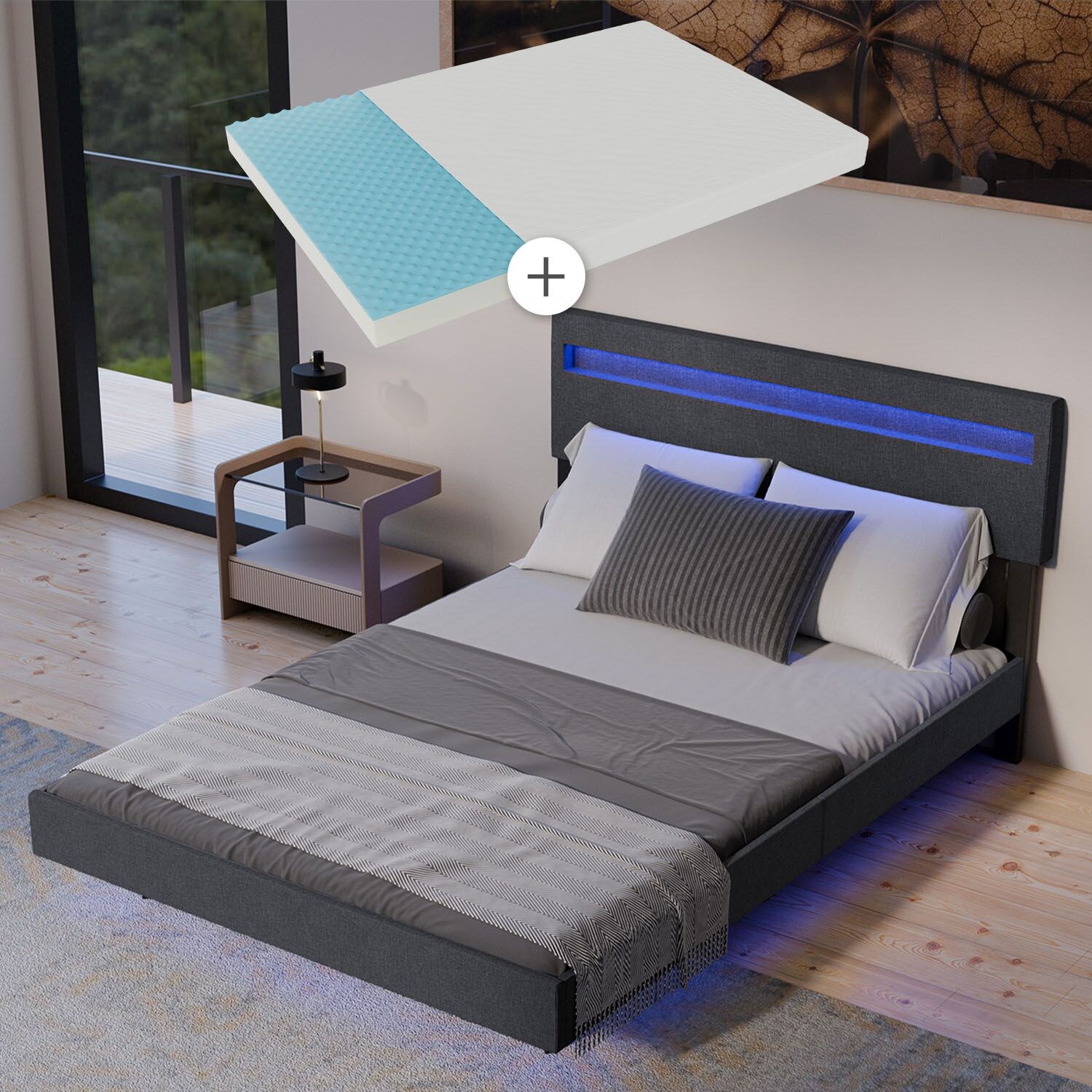Juskys Schwebebett Lissabon 140 x 200 cm - mit Matratze, Schwebendes Design & LED-Beleuchtung - dunkelgrau