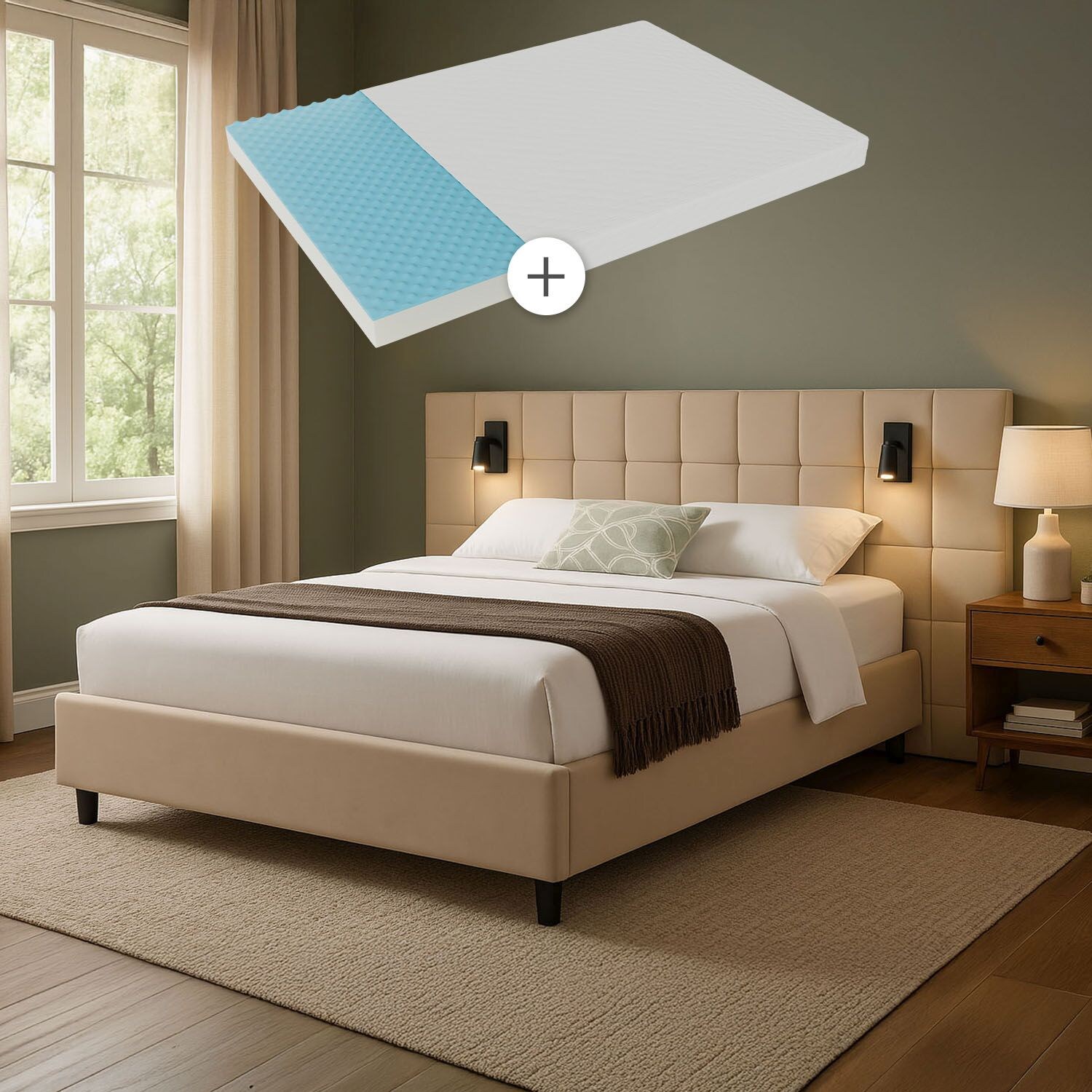 Juskys Polsterbett 140×200 cm Luzano – Bett mit LED, Matratze & Lattenrost – Bettgestell Samt Beige | 04262437184777