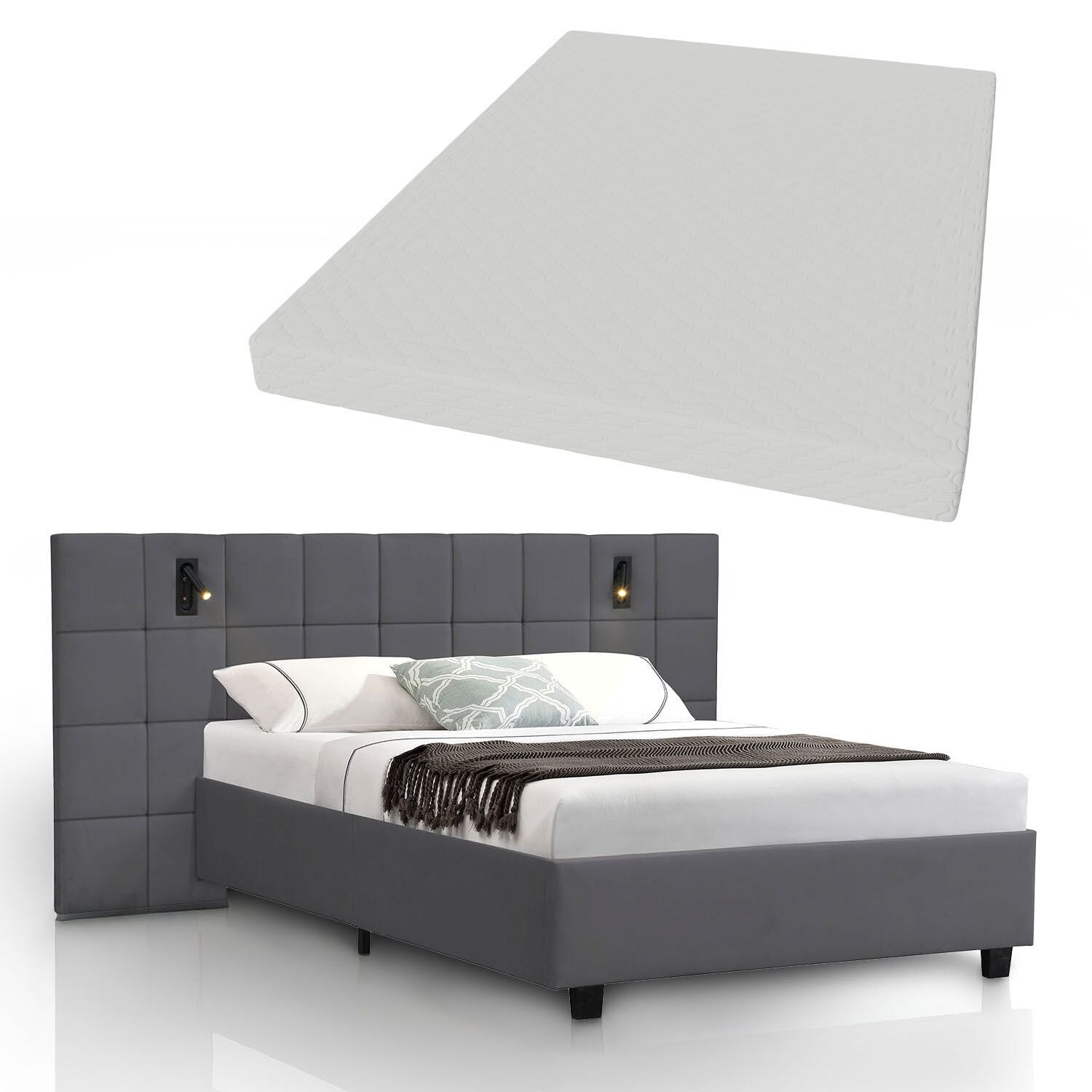 Juskys Polsterbett 140×200 cm Luzano – Bett mit LED, Matratze & Lattenrost – Bettgestell Samt Dunkelgrau | 04262437184784