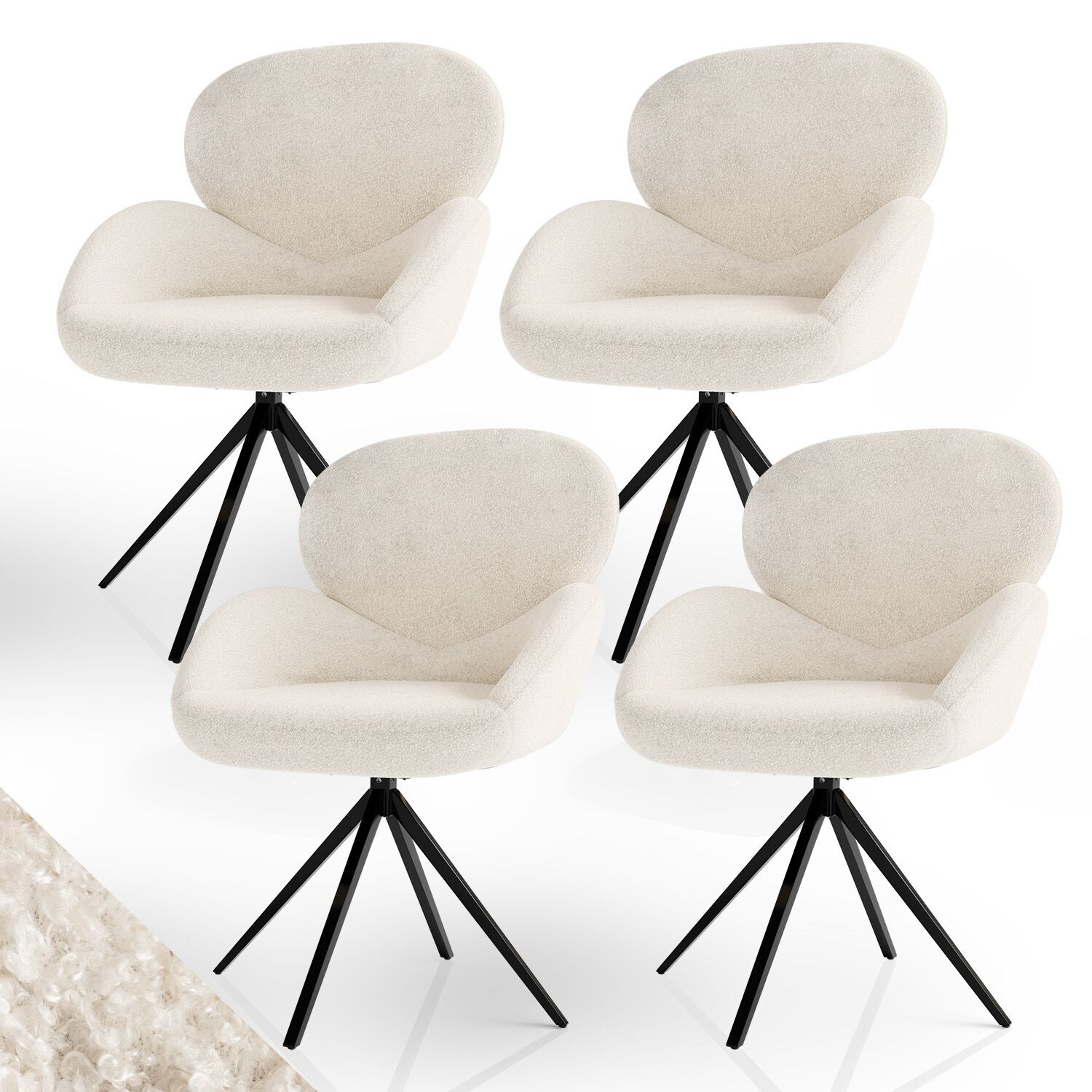 Juskys Drehstuhl Albano – Bouclé Stoff, 360 Grad drehbar, verstellbare Füße, gepolstert – Creme 4er Set