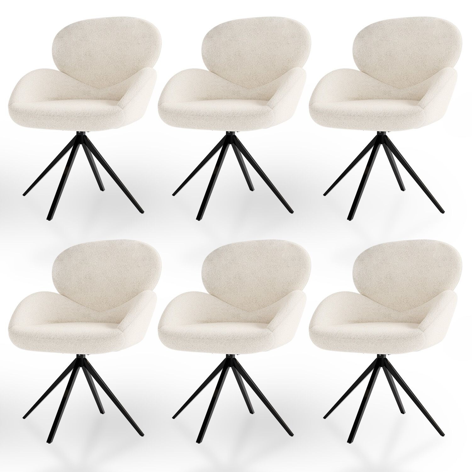 Juskys Drehstuhl Albano – Bouclé Stoff, 360 Grad drehbar, verstellbare Füße, gepolstert – Creme 6er Set | 04262437184814