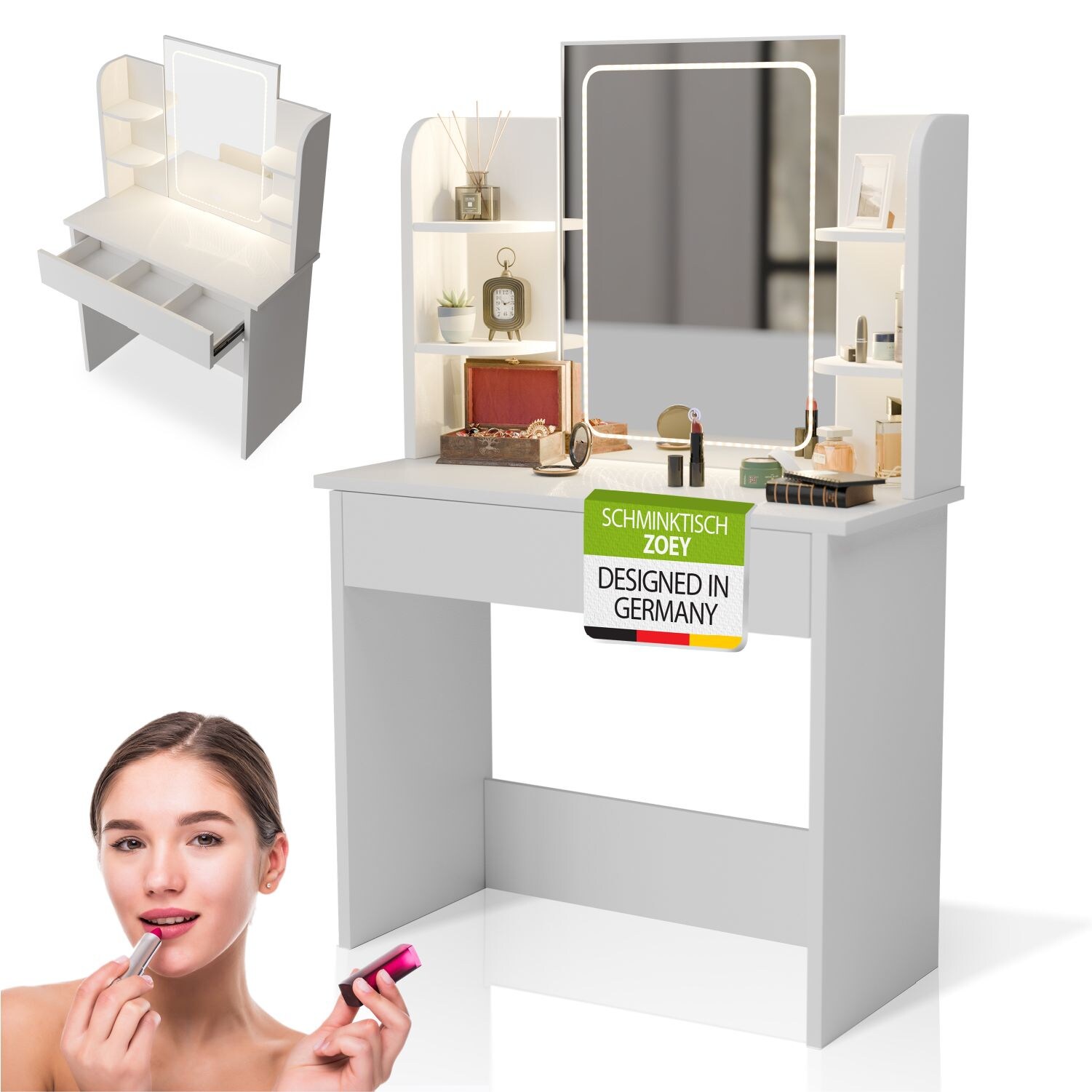 Juskys Schminktisch Zoey mit Touch-LED-Spiegel & Stauraum, moderne Design mit Schublade – Weiß | 04262437184852