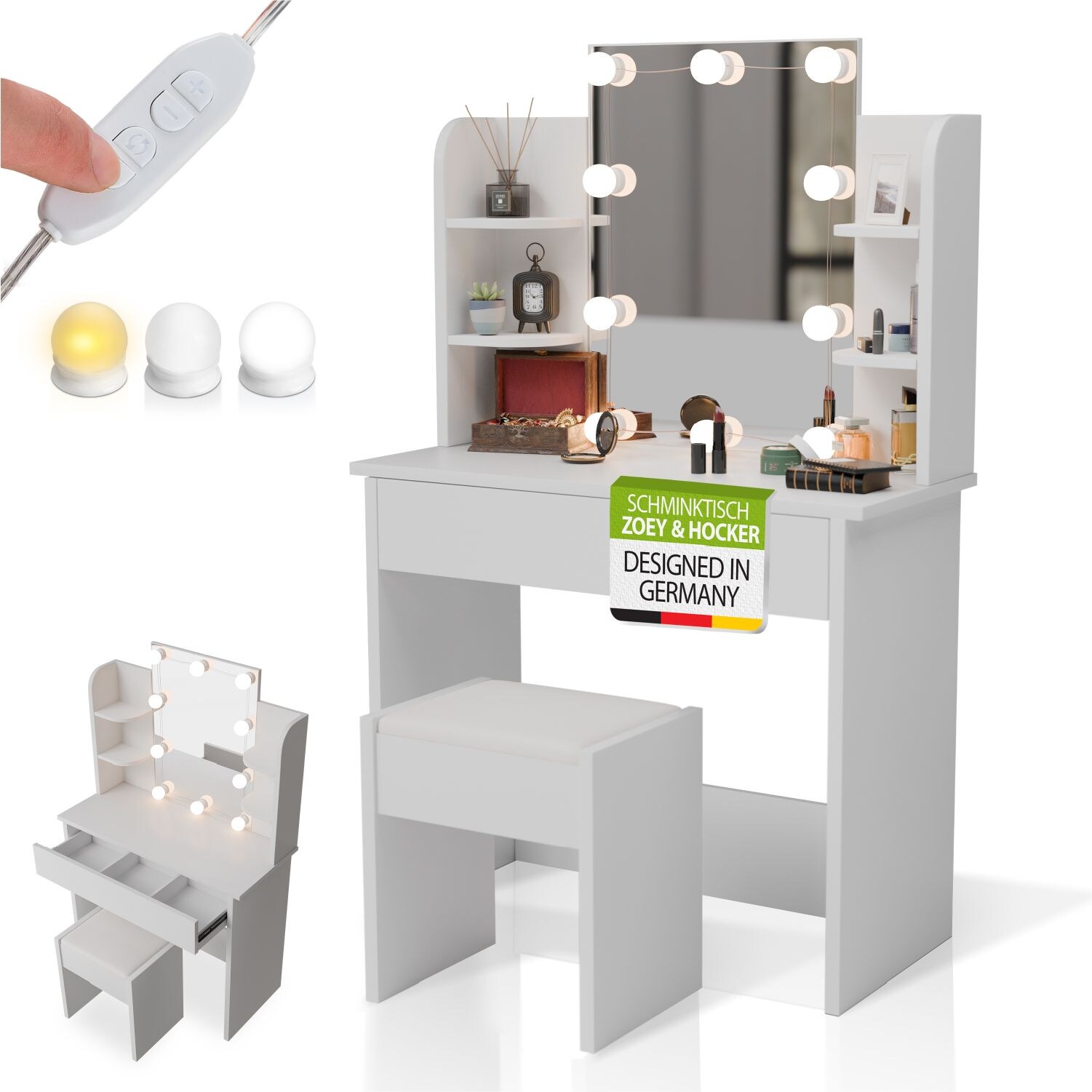 Juskys Schminktisch Zoey & Hocker Melly, LED-Spiegel & Stauraum, moderne Optik mit Schublade &ndash; Wei&szlig; - Bild 1