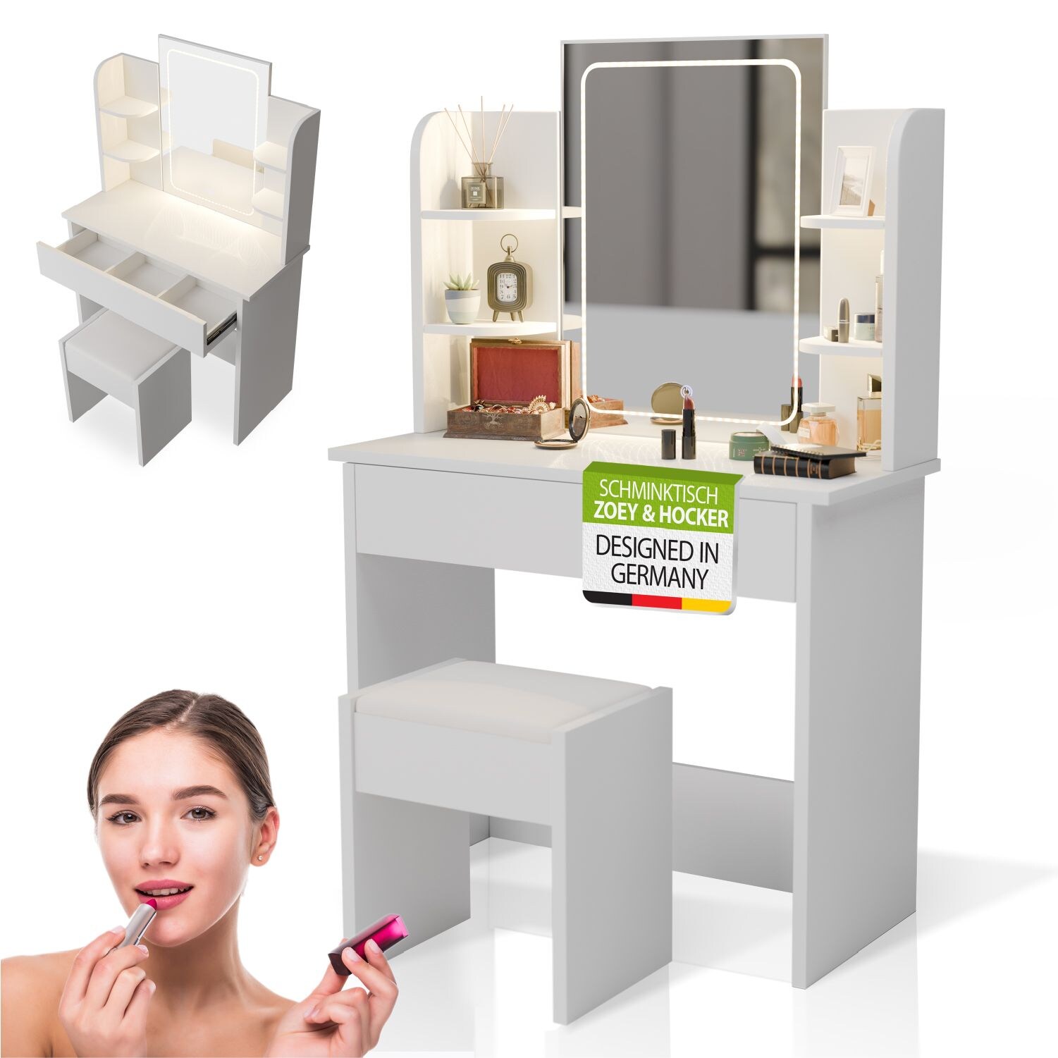 Juskys Schminktisch Zoey & Hocker Melly mit Touch-LED-Spiegel & Stauraum, moderne Optik &ndash; Wei&szlig; - Bild 1