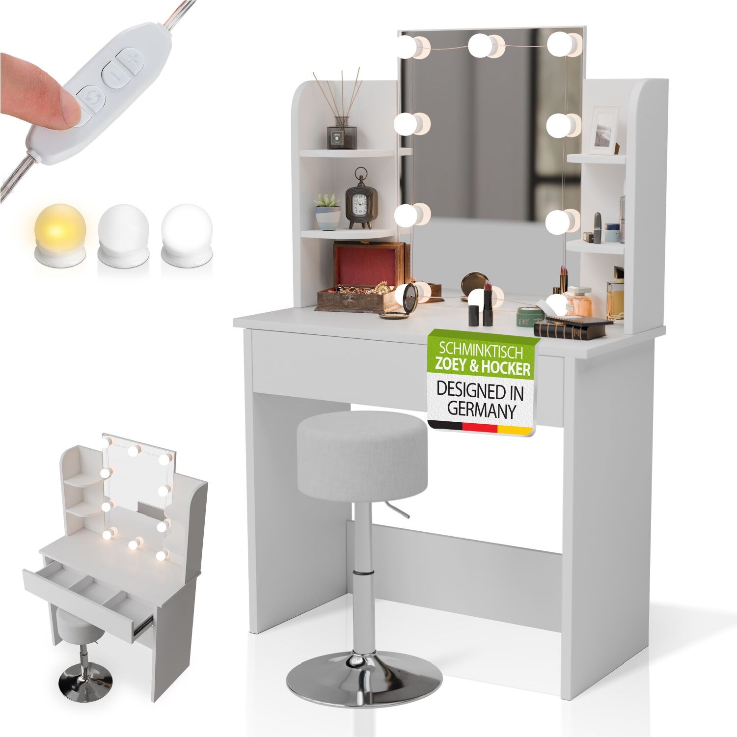 Juskys Schminktisch Zoey & Hocker Tonia, LED-Spiegel & Stauraum, moderne Optik mit Schublade &ndash; Wei&szlig; - Bild 1