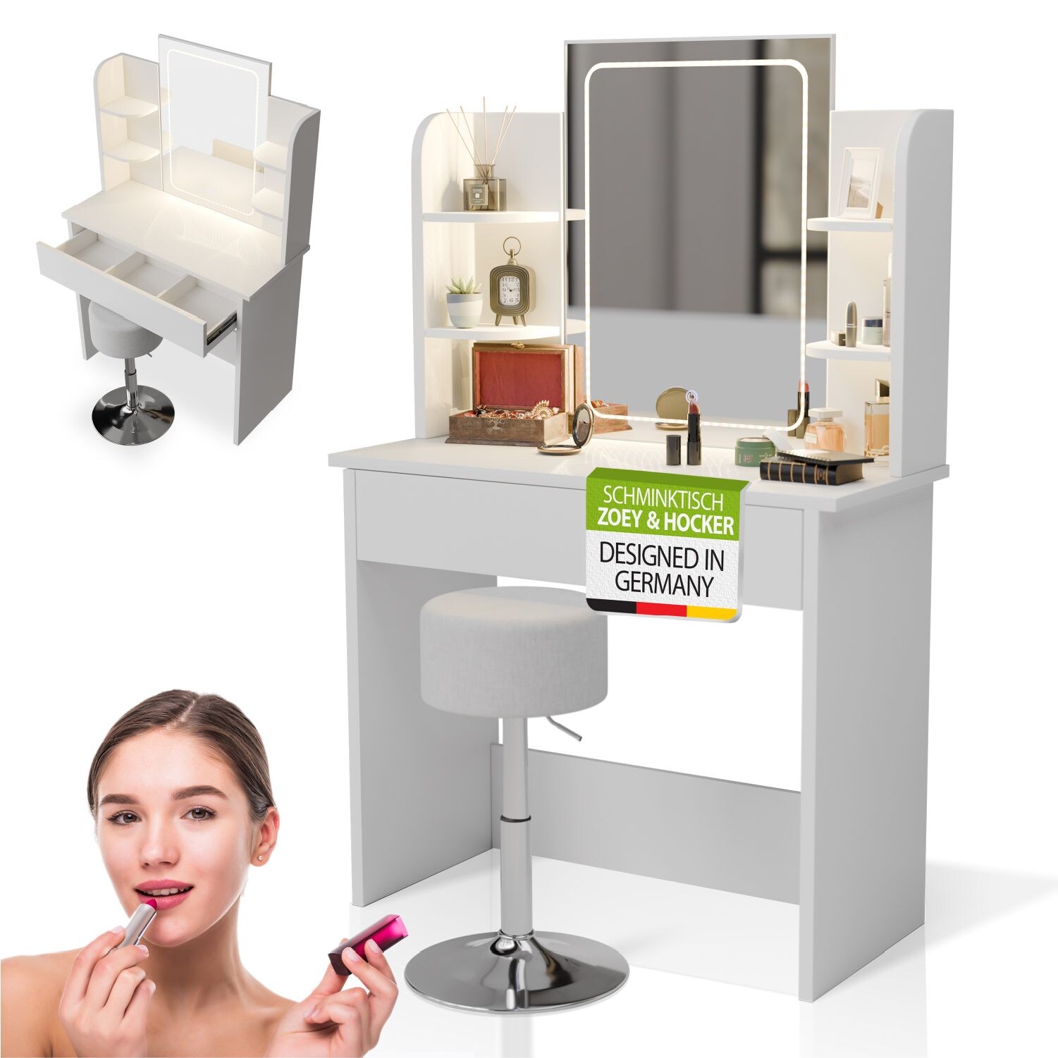 Juskys Schminktisch Zoey & Hocker Tonia mit Touch-LED-Spiegel & Stauraum, moderne Oberfläche – Weiß | 04262437184876