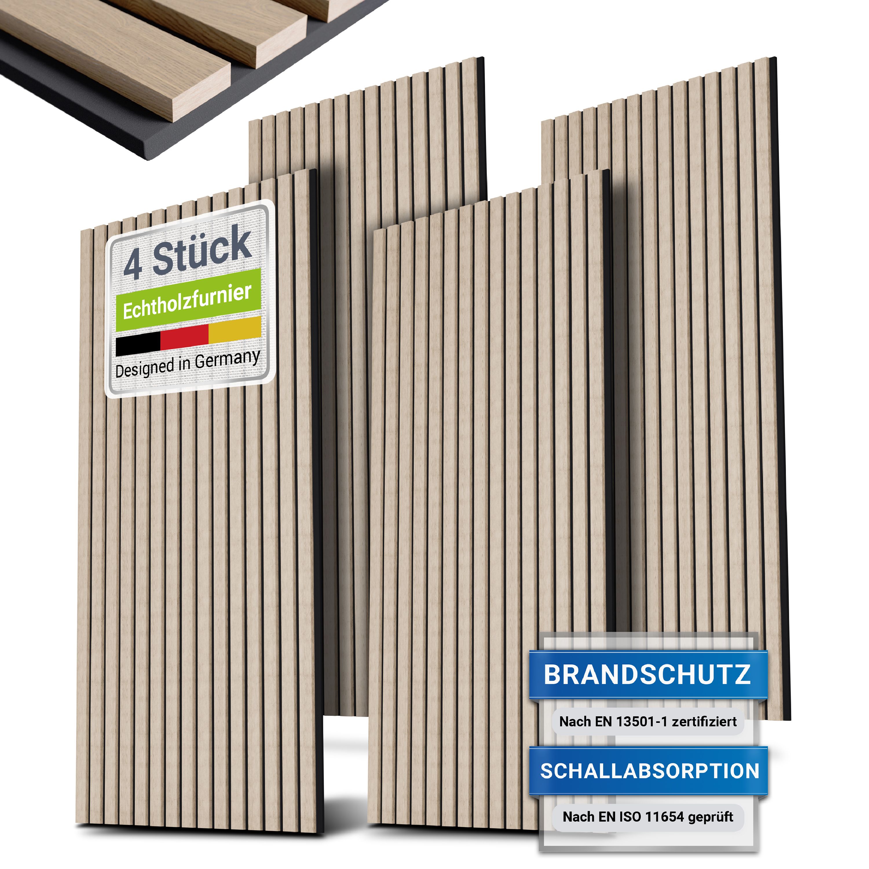 Juskys Wandpaneele Akustik 4er Set 2,88 qm - Holzfurnier & reduziert Hall und L&auml;rm - Eiche Natur Hell - Bild 1