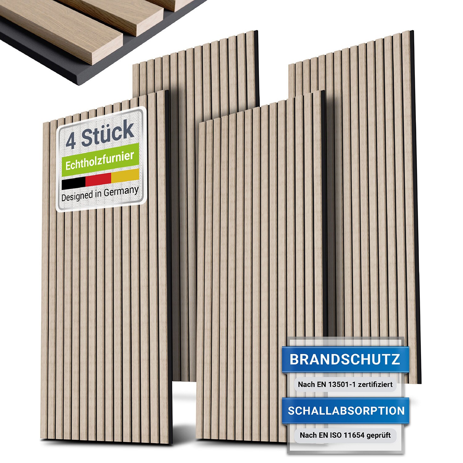 Juskys Wandpaneele Akustik 4er Set 2,88 qm - Holzoptik & reduziert Hall und Lärm - Eiche Natur Hell