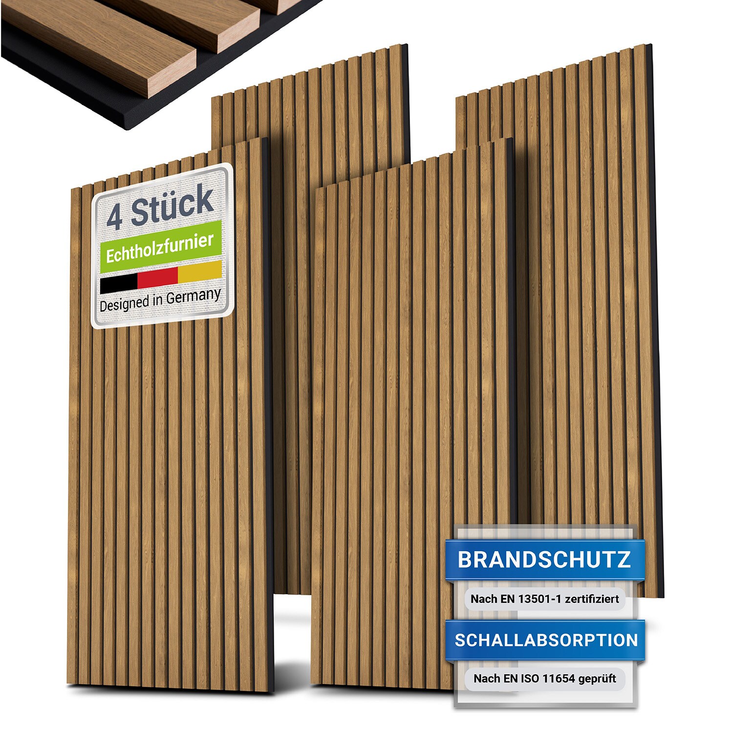 Juskys Wandpaneele Akustik 4er Set 2,88 qm - Holzoptik & reduziert Hall und Lärm - Eiche Natur Dunkel
