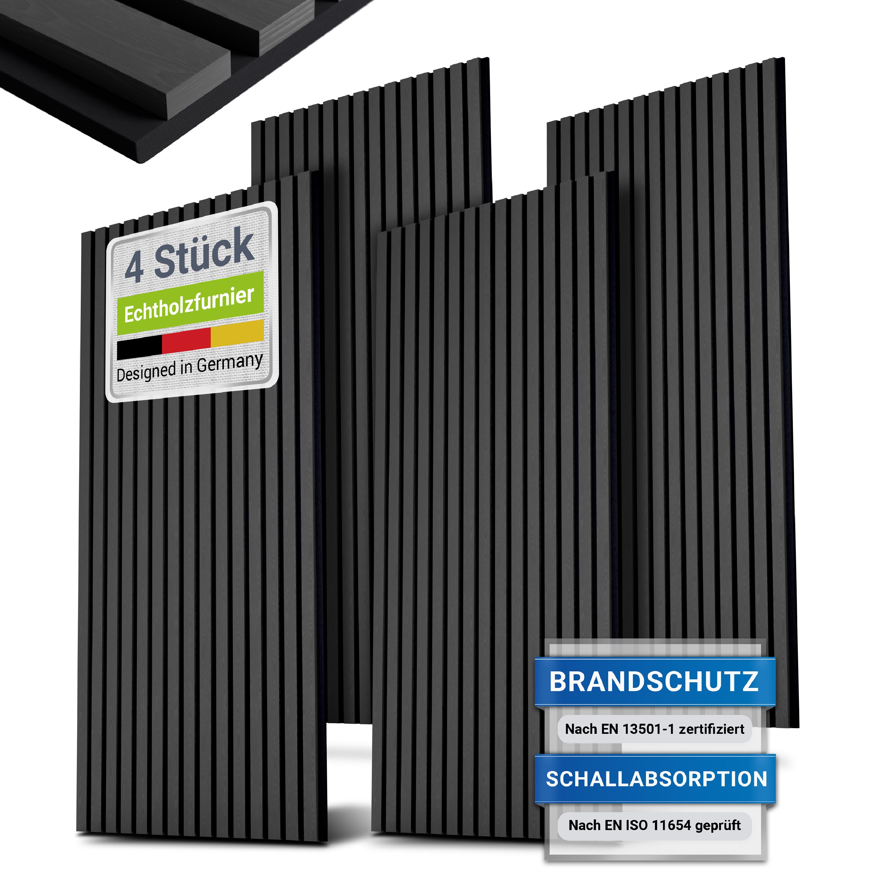 Juskys Wandpaneele Akustik 4er Set 2,88 qm - Holzfurnier & reduziert Hall und L&auml;rm - Eiche Dunkelgrau - Bild 1
