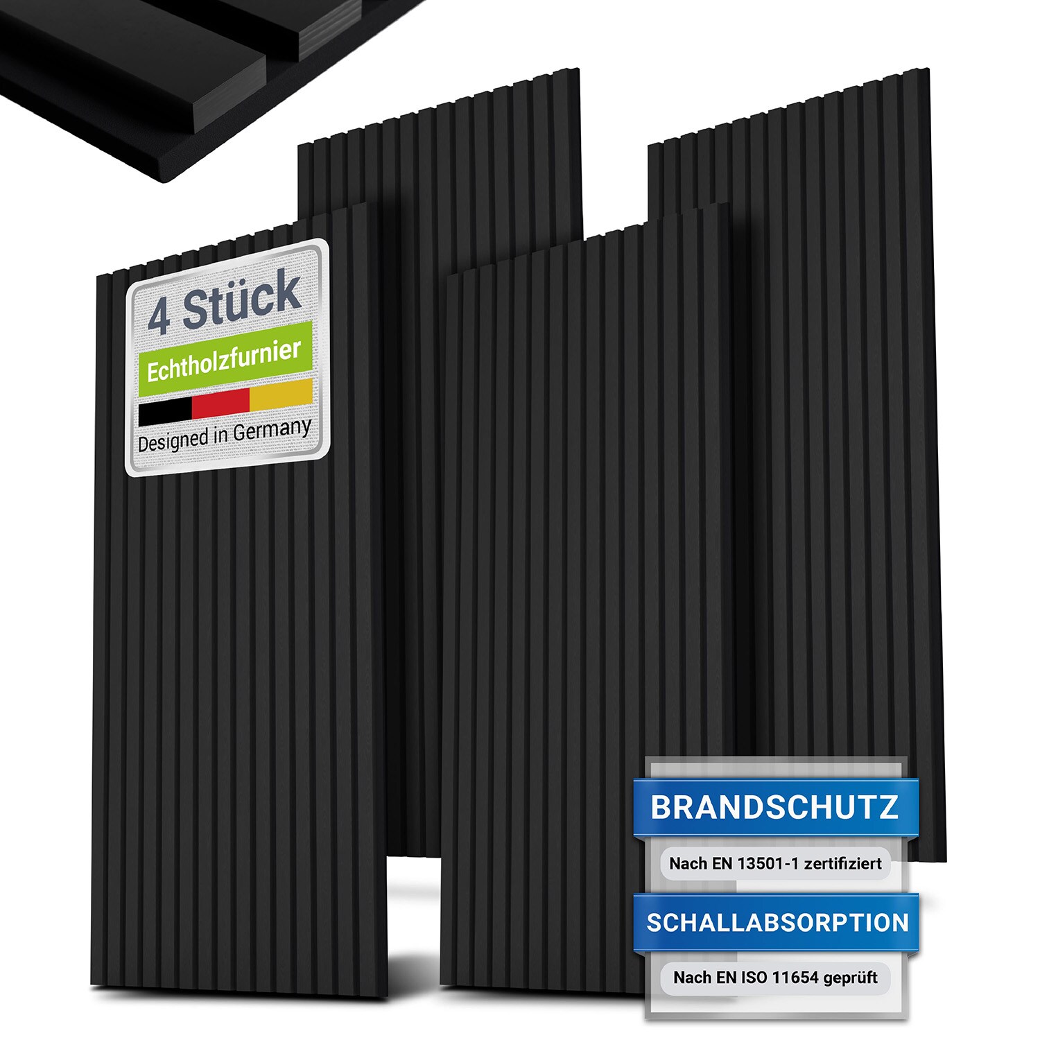 Juskys Wandpaneele Akustik 4er Set 2,88 qm - Holzoptik & reduziert Hall und Lärm - Schwarz