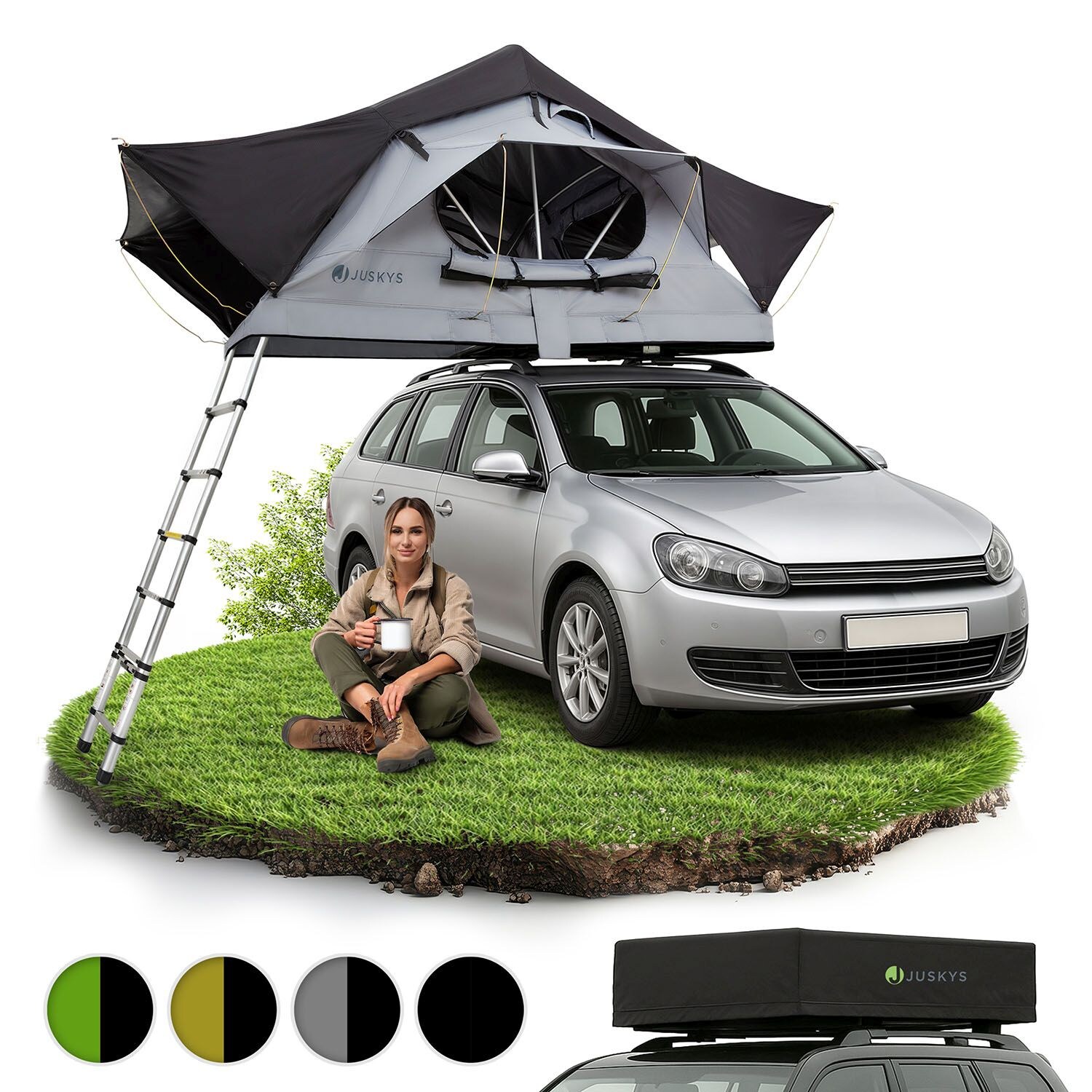 Juskys Autodachzelt Lago 120 x 210 cm - LED-Beleuchtung & Leiter - Schwarz / Grau