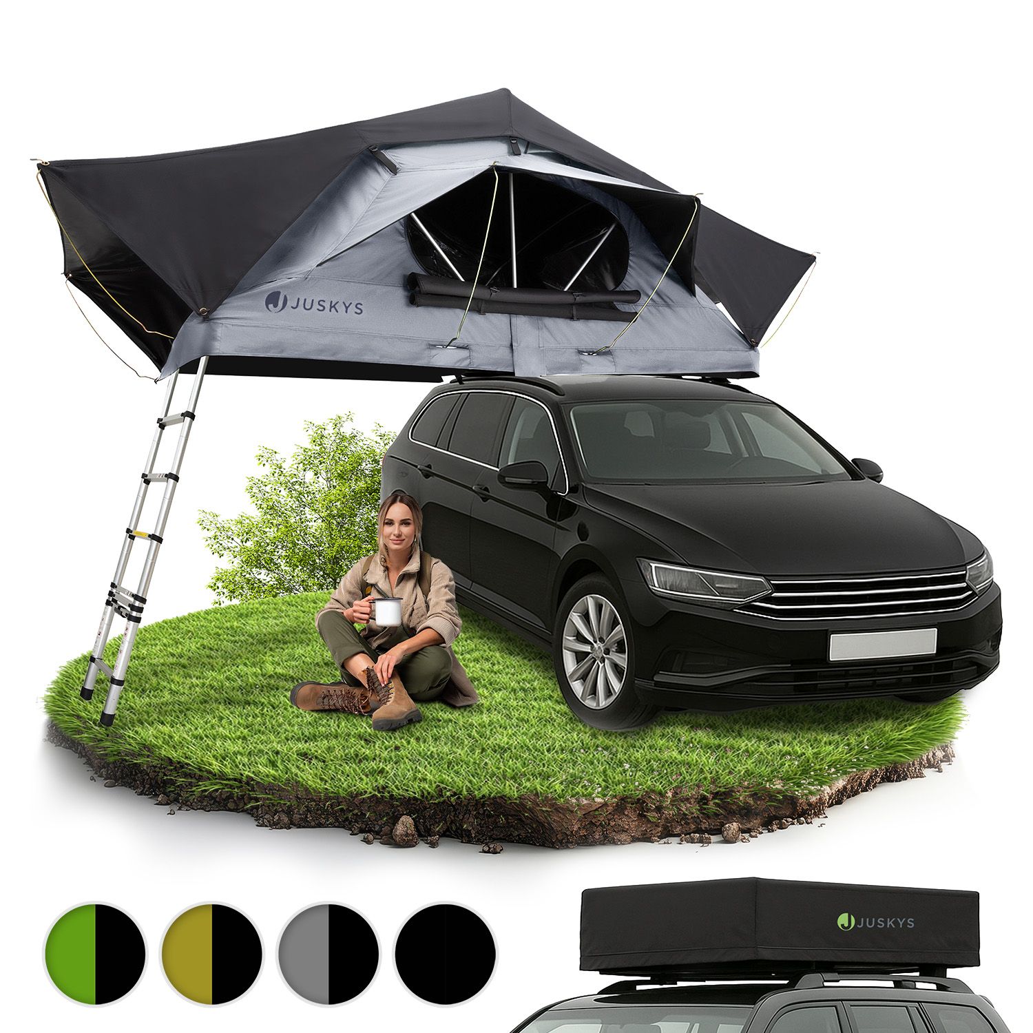 Juskys Autodachzelt Lago 140 x 240 cm - LED-Beleuchtung & Leiter - Schwarz / Grau - Bild 1