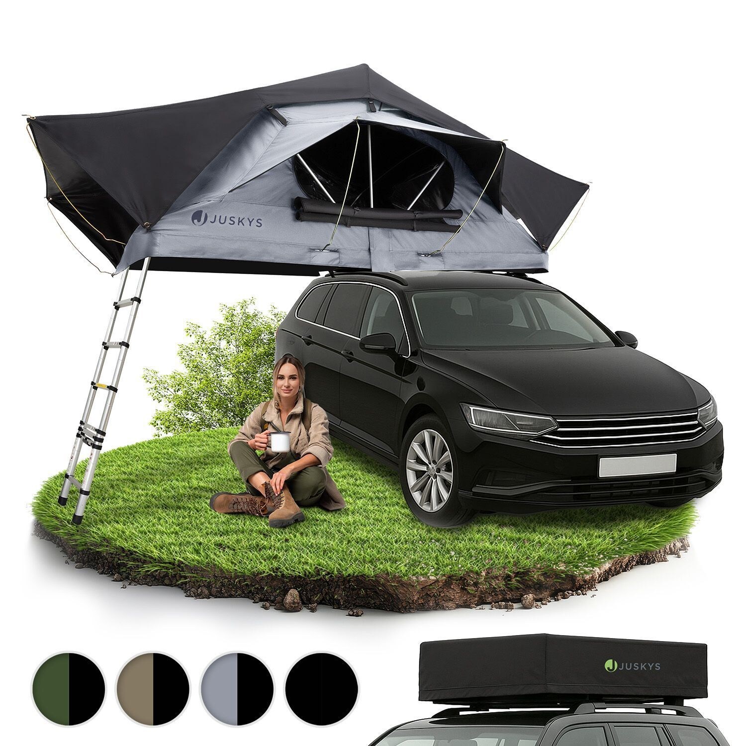 Juskys Autodachzelt Lago 140 x 240 cm - LED-Beleuchtung & Leiter - Schwarz / Grau