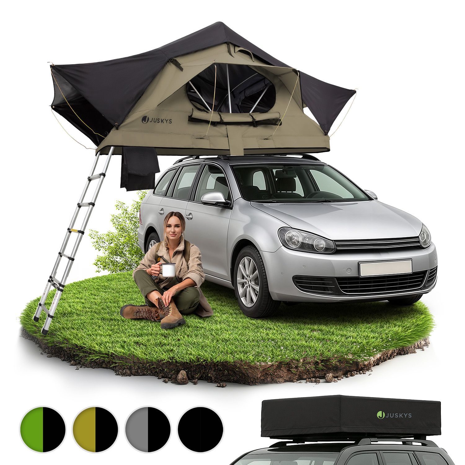 Juskys Autodachzelt Lago 120 x 210 cm - LED-Beleuchtung & Leiter - Schwarz / Khaki - Bild 1