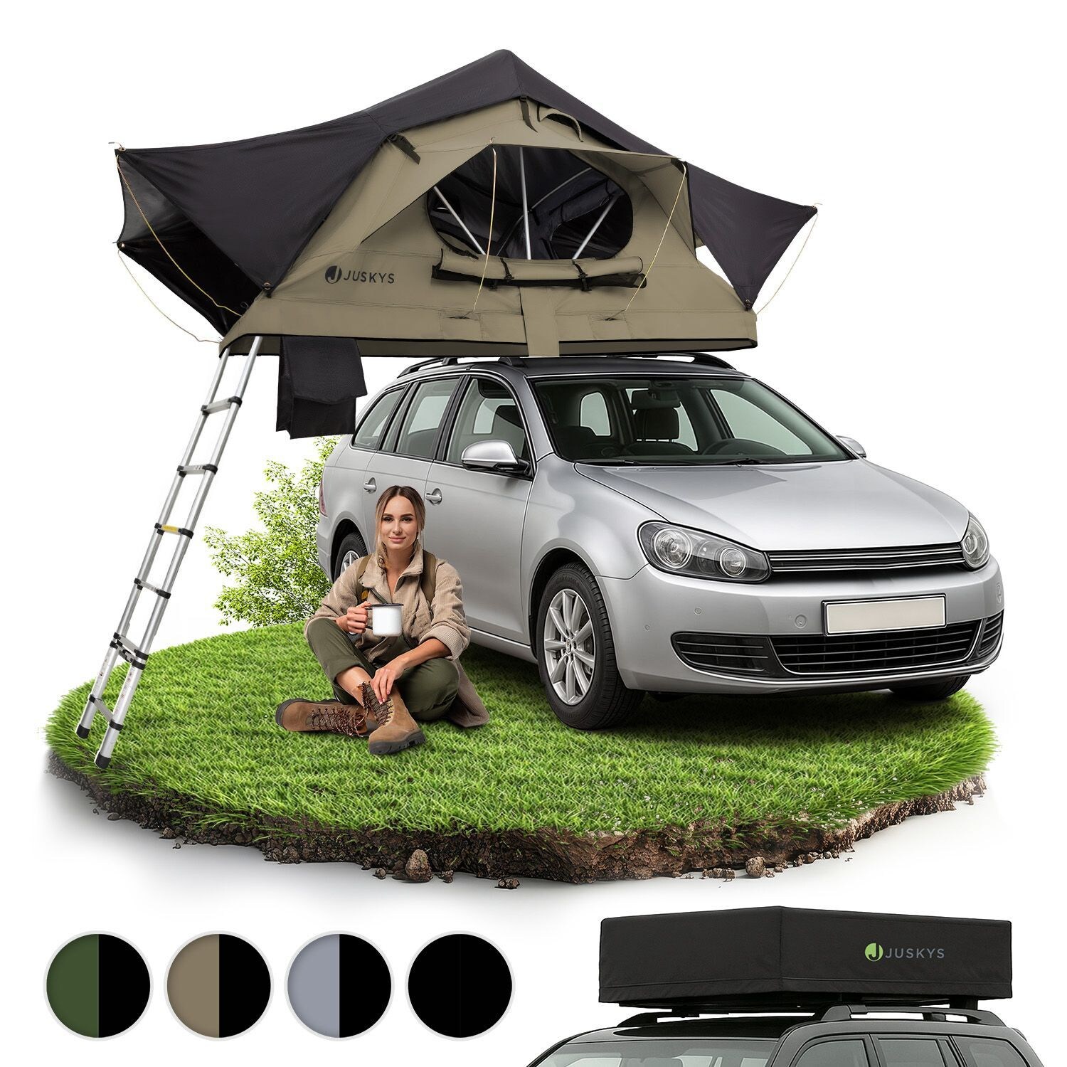 Juskys Autodachzelt Lago 120 x 210 cm - LED-Beleuchtung & Leiter - Schwarz / Khaki
