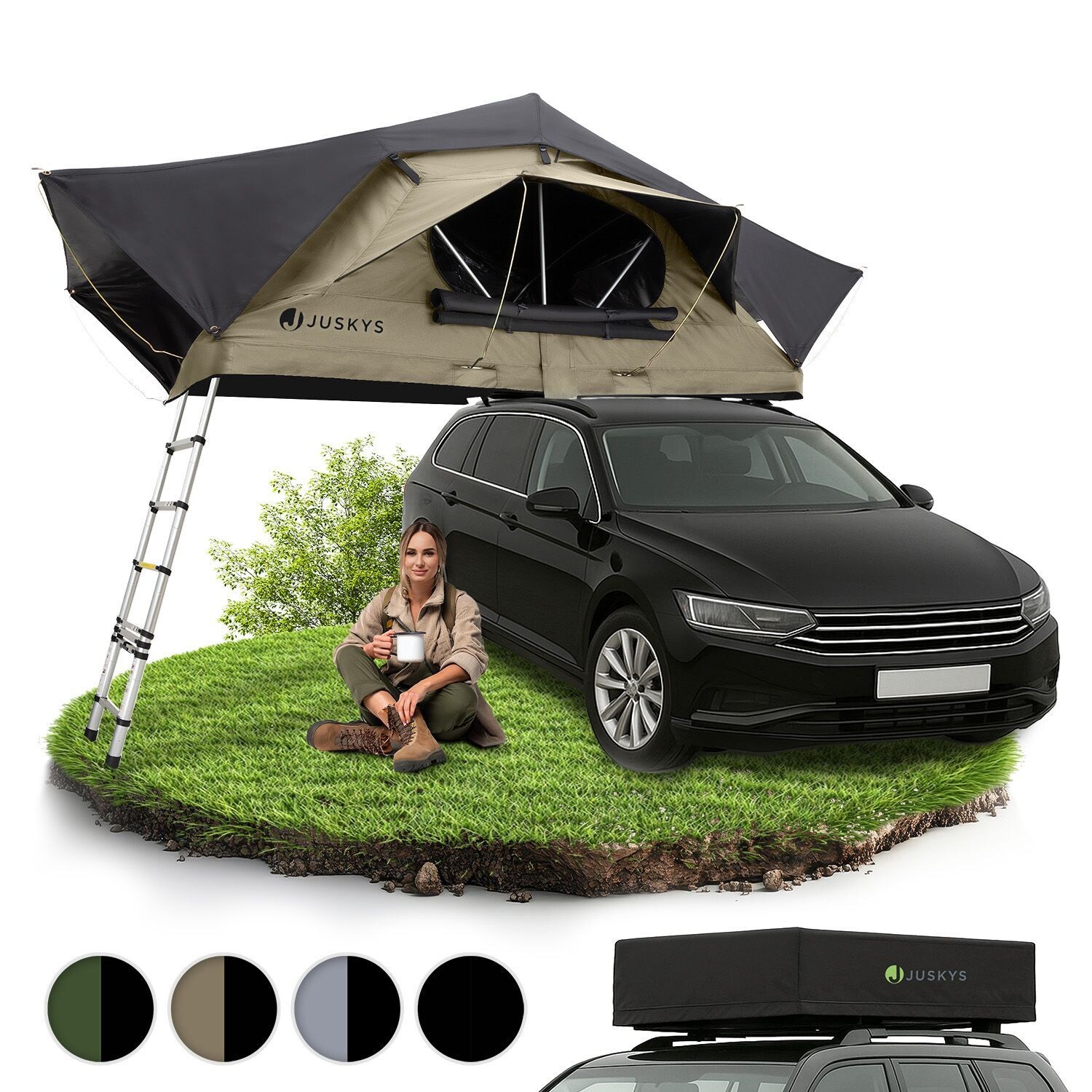 Juskys Autodachzelt Lago 140 x 240 cm - LED-Beleuchtung & Leiter - Schwarz / Khaki