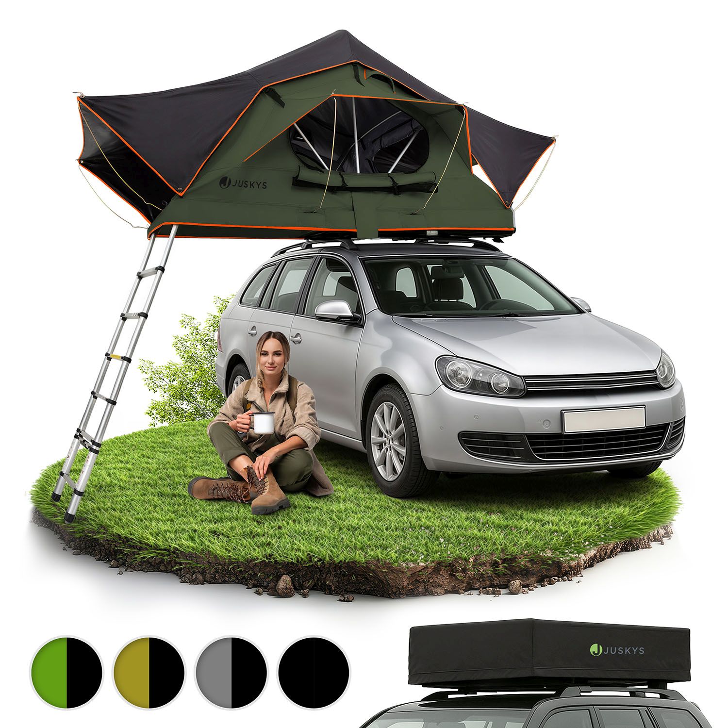 Juskys Autodachzelt Lago 120 x 210 cm - LED-Beleuchtung & Leiter - Schwarz / Olivgr&uuml;n - Bild 1