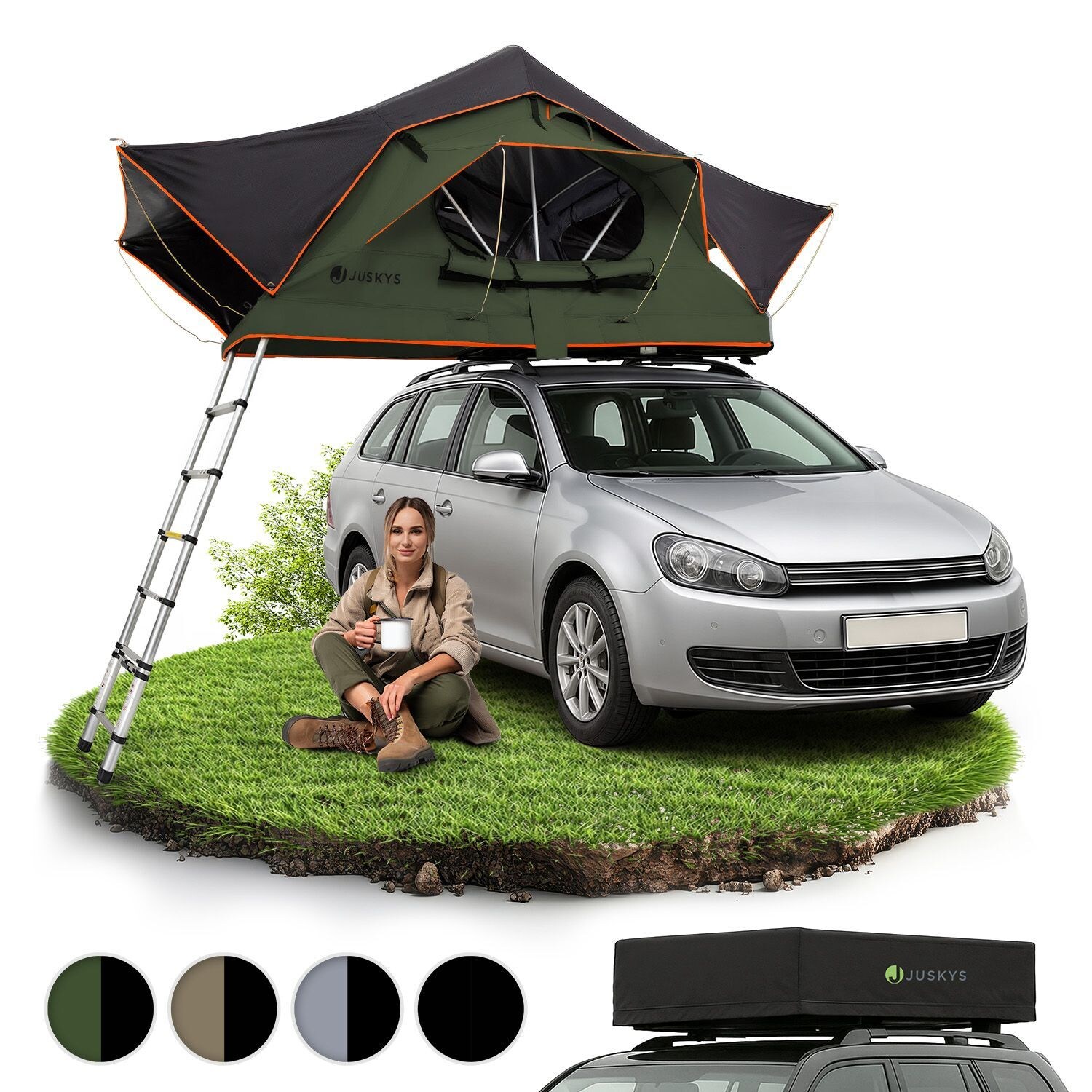 Juskys Autodachzelt Lago 120 x 210 cm - LED-Beleuchtung & Leiter - Schwarz / Olivgrün