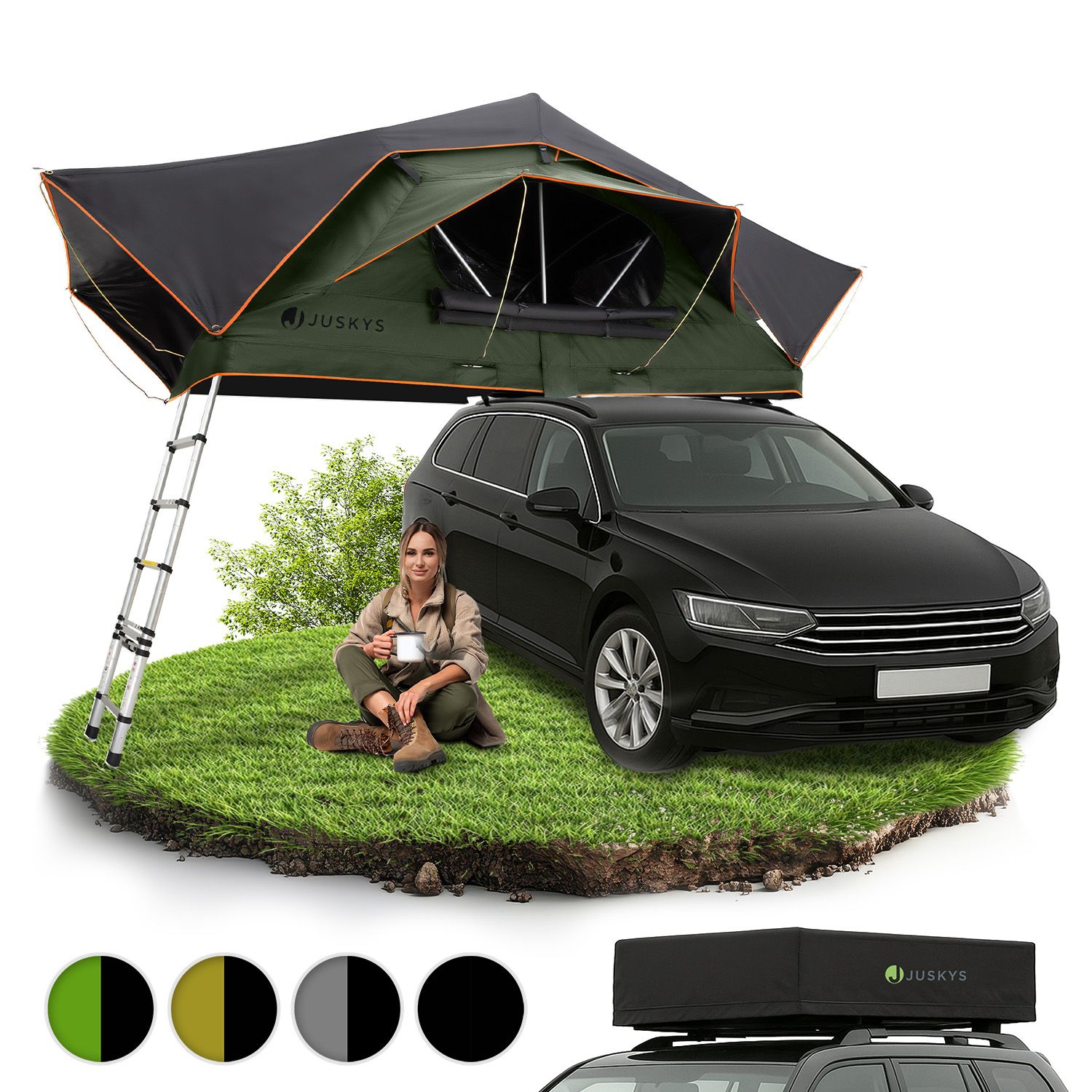 Juskys Autodachzelt Lago 140 x 240 cm - LED-Beleuchtung & Leiter - Schwarz / Olivgr&uuml;n - Bild 1