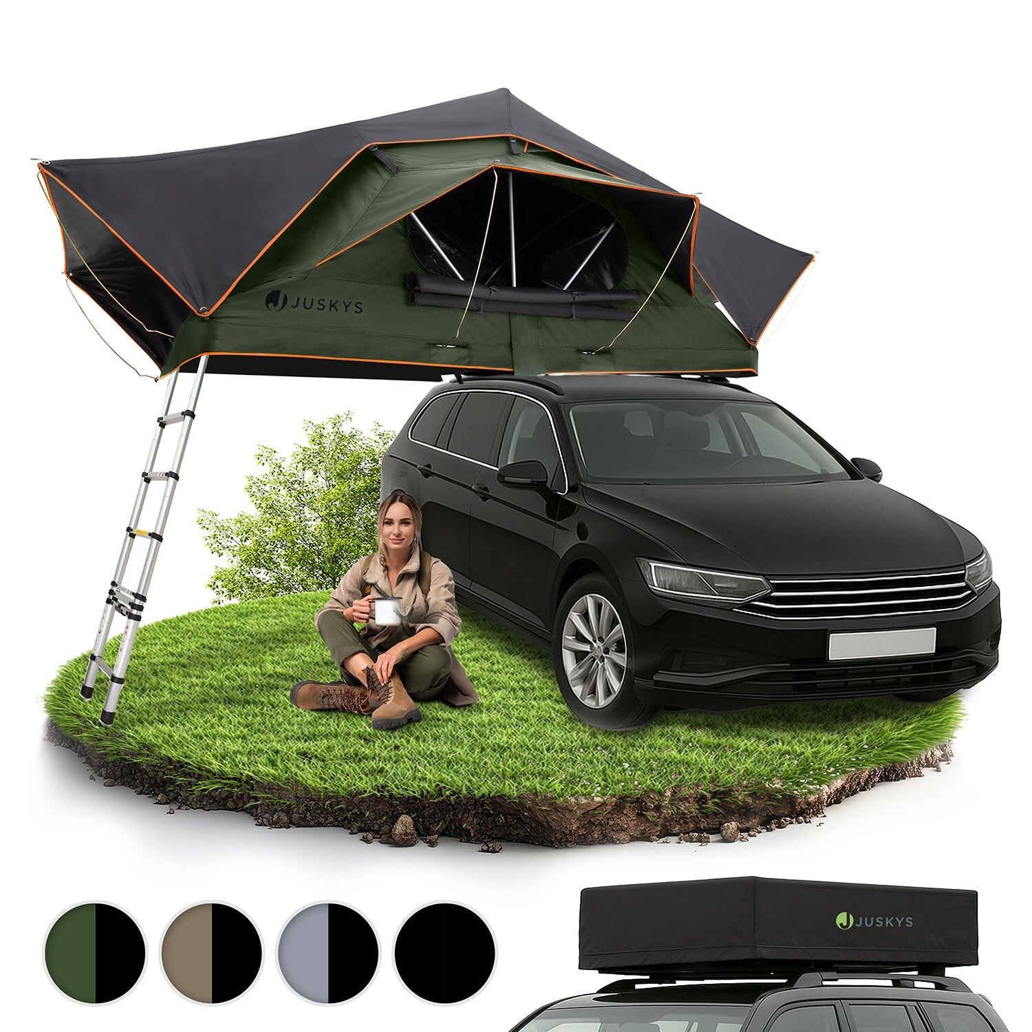 Juskys Autodachzelt Lago 140 x 240 cm - LED-Beleuchtung & Leiter - Schwarz / Olivgrün