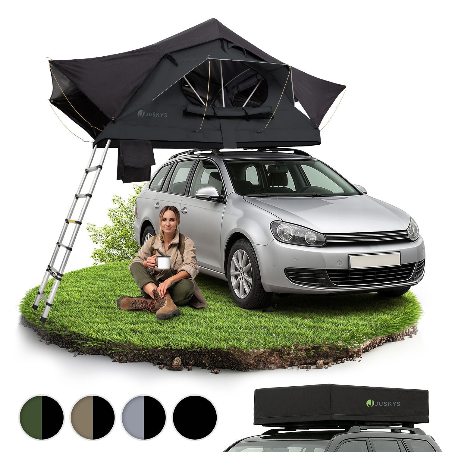 Juskys Autodachzelt Lago 120 x 210 cm - LED-Beleuchtung & Leiter - Schwarz