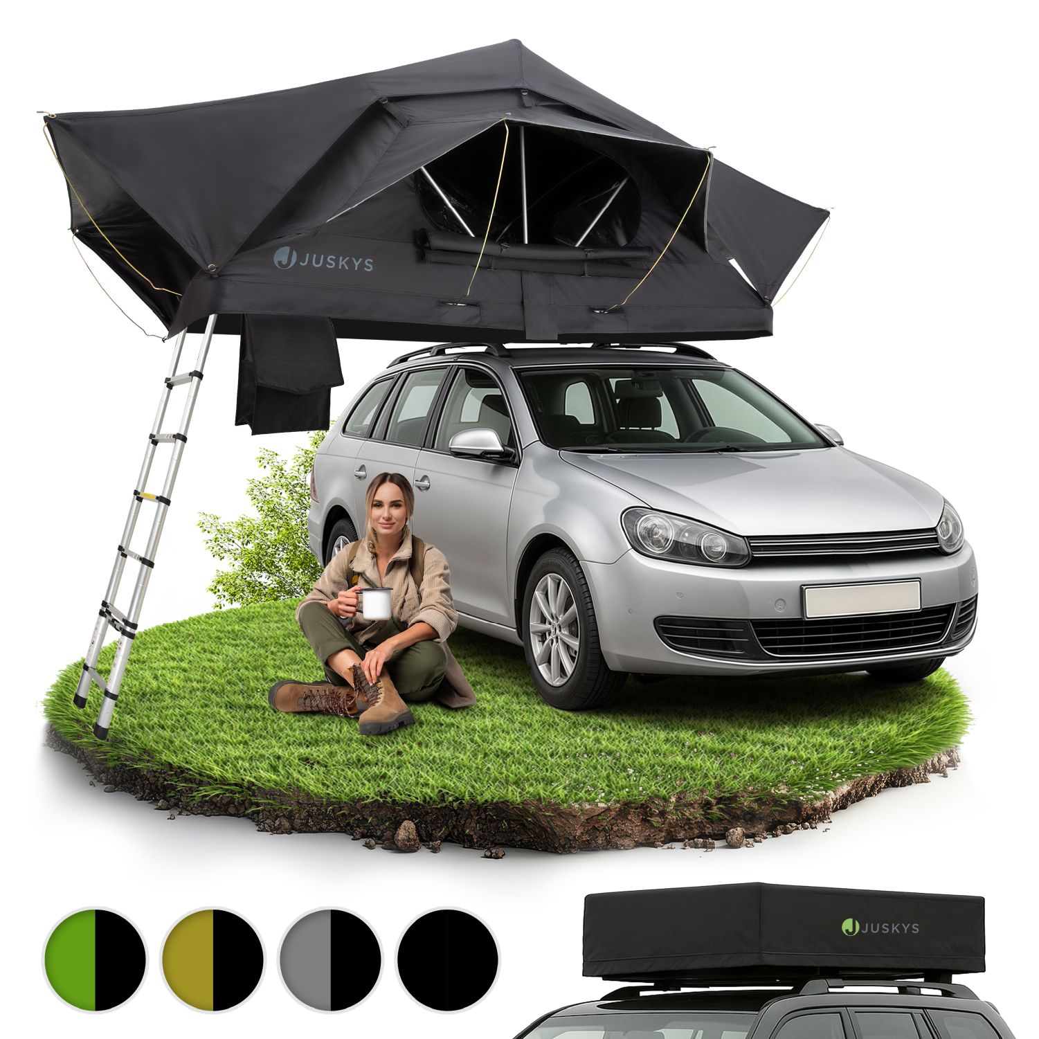 Juskys Autodachzelt Lago 140 x 240 cm - LED-Beleuchtung & Leiter - Schwarz - Bild 1