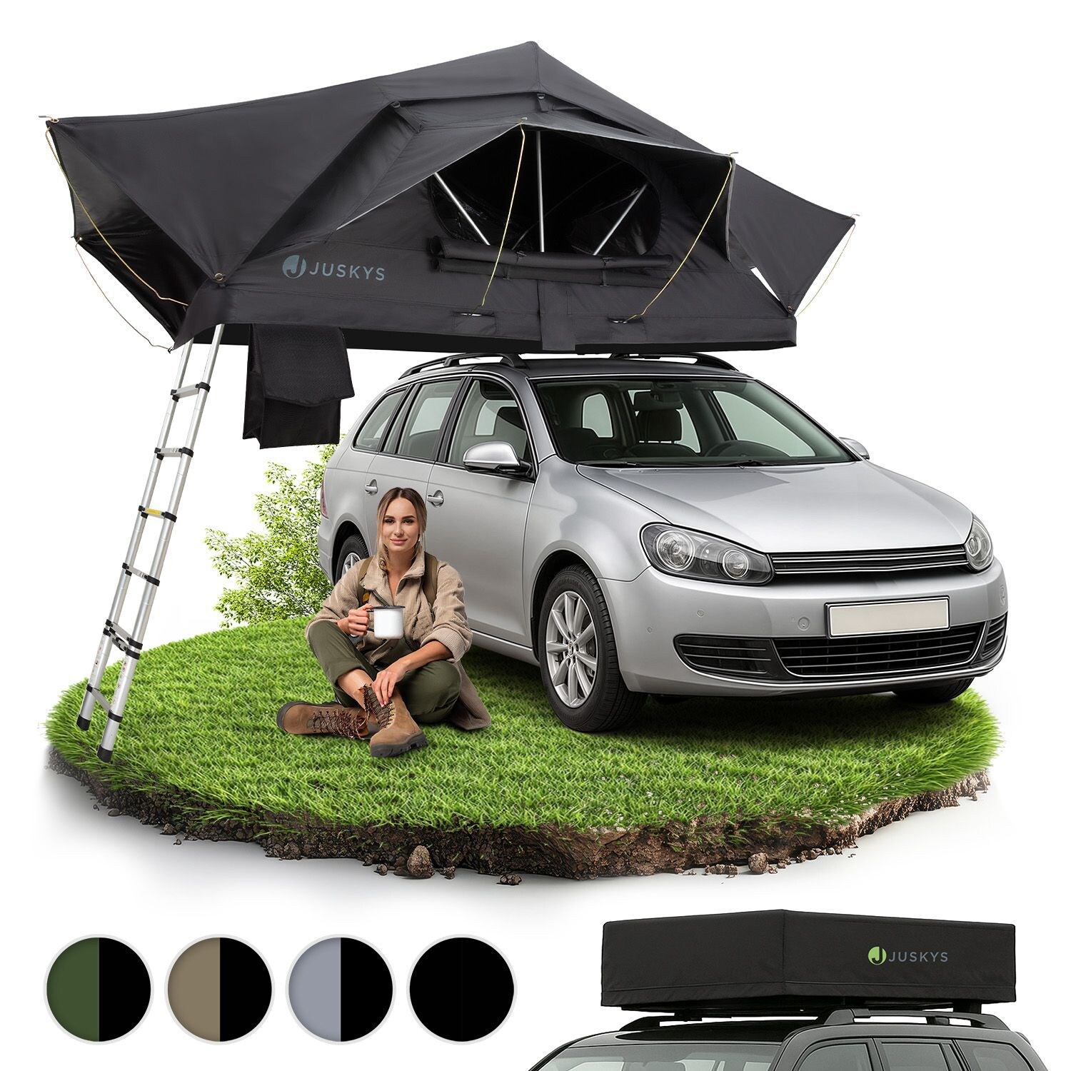 Juskys Autodachzelt Lago 140 x 240 cm - LED-Beleuchtung & Leiter - Schwarz