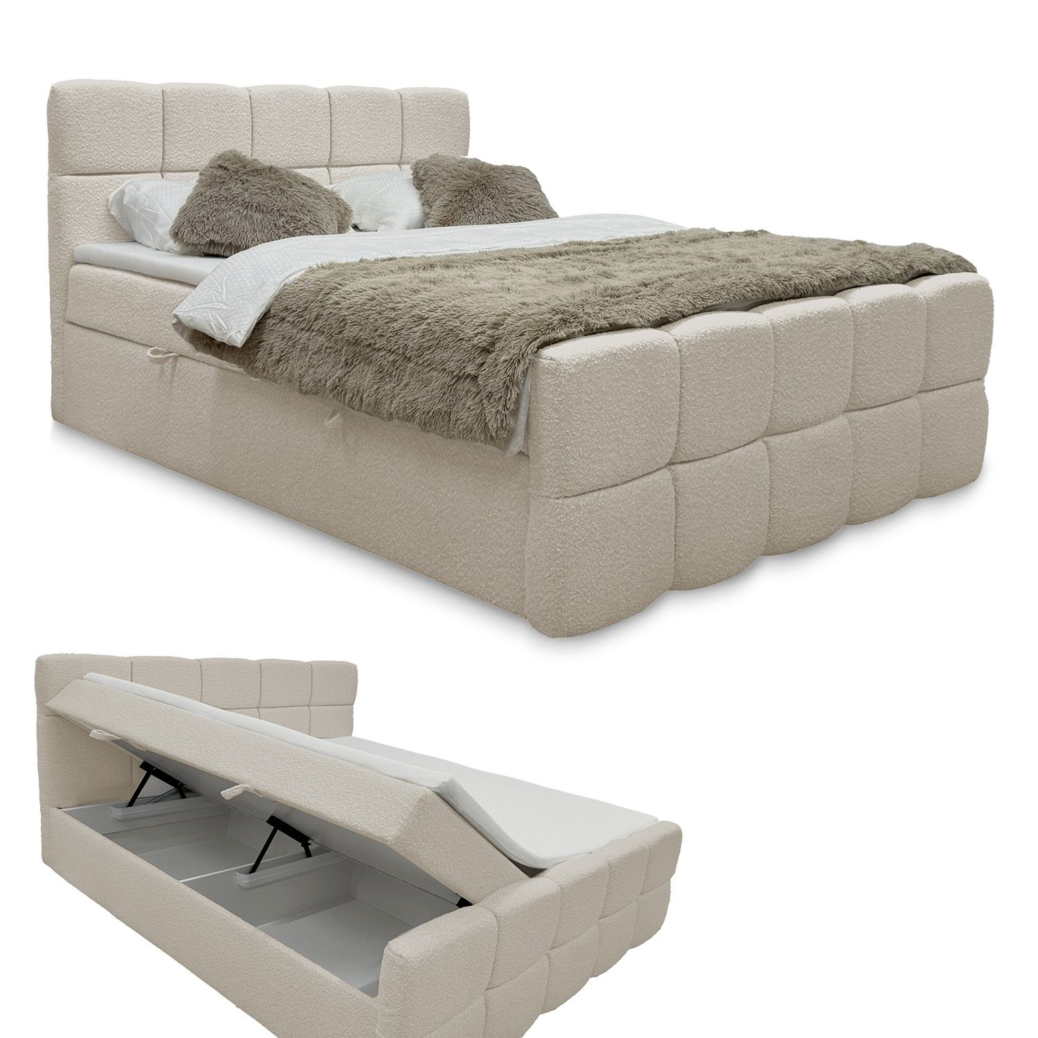 Juskys Boxspringbett Calgary 180x200 cm - Bettkasten, Boucle Stoff & inklusive Topper - Beige - Bild 1