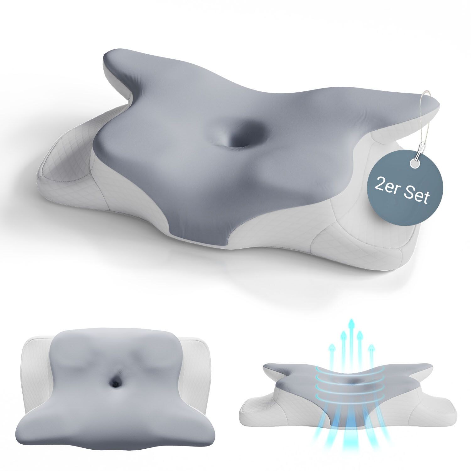 Juskys Nackenkissen 2er Set – Ergonomisch & Memory-Foam, Anpassungsfähig, Atmungsaktiv – weiß / grau | 04262437185217