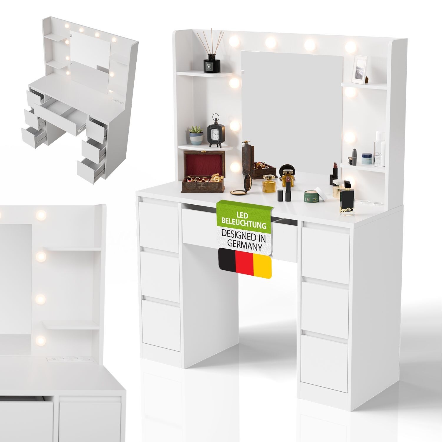 Juskys Schminktisch Malia mit LED-Spiegel, Helligkeit & Farbtemperatur individuell einstellbar, viel Stauraum – Weiß | 04262437185347