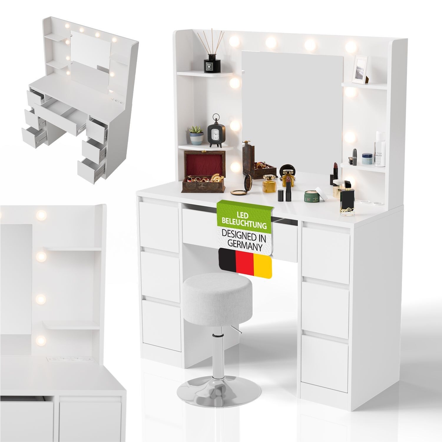 Juskys Schminktisch Malia und Hocker Tonia mit LED-Licht, Helligkeit & Farbtemperatur individuell einstellbar, viel Stauraum & Spiegel – Weiß | 04262437185354