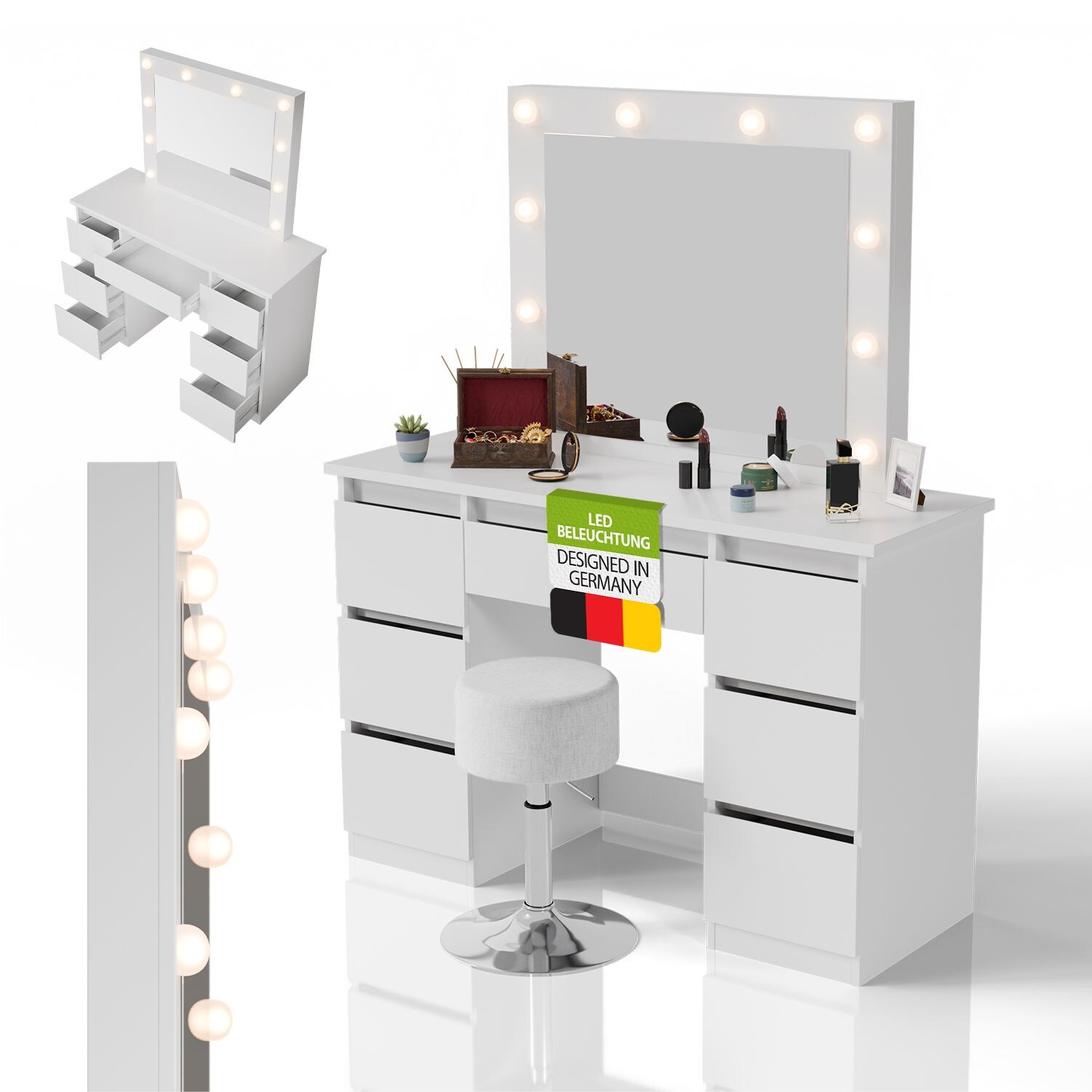 Juskys Schminktisch Talea und Hocker Tonia mit LED-Spiegel, 3 Farbtemperaturen, stufenlose Helligkeit, viel Stauraum – Weiß | 04262437185408